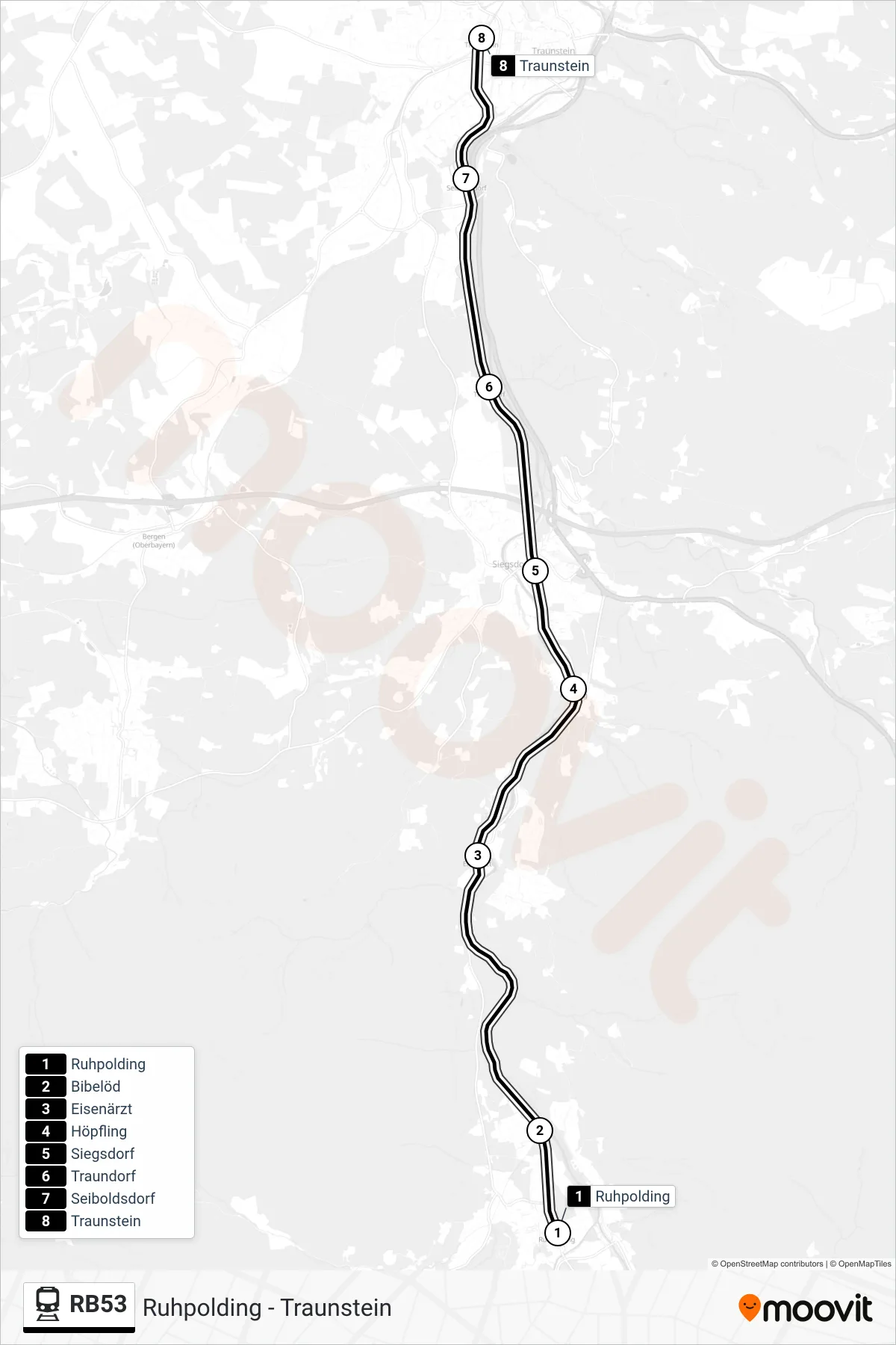 Linie RB53 (Bahn) Richtung Traunstein: Route und Haltestellen auf der Karte
