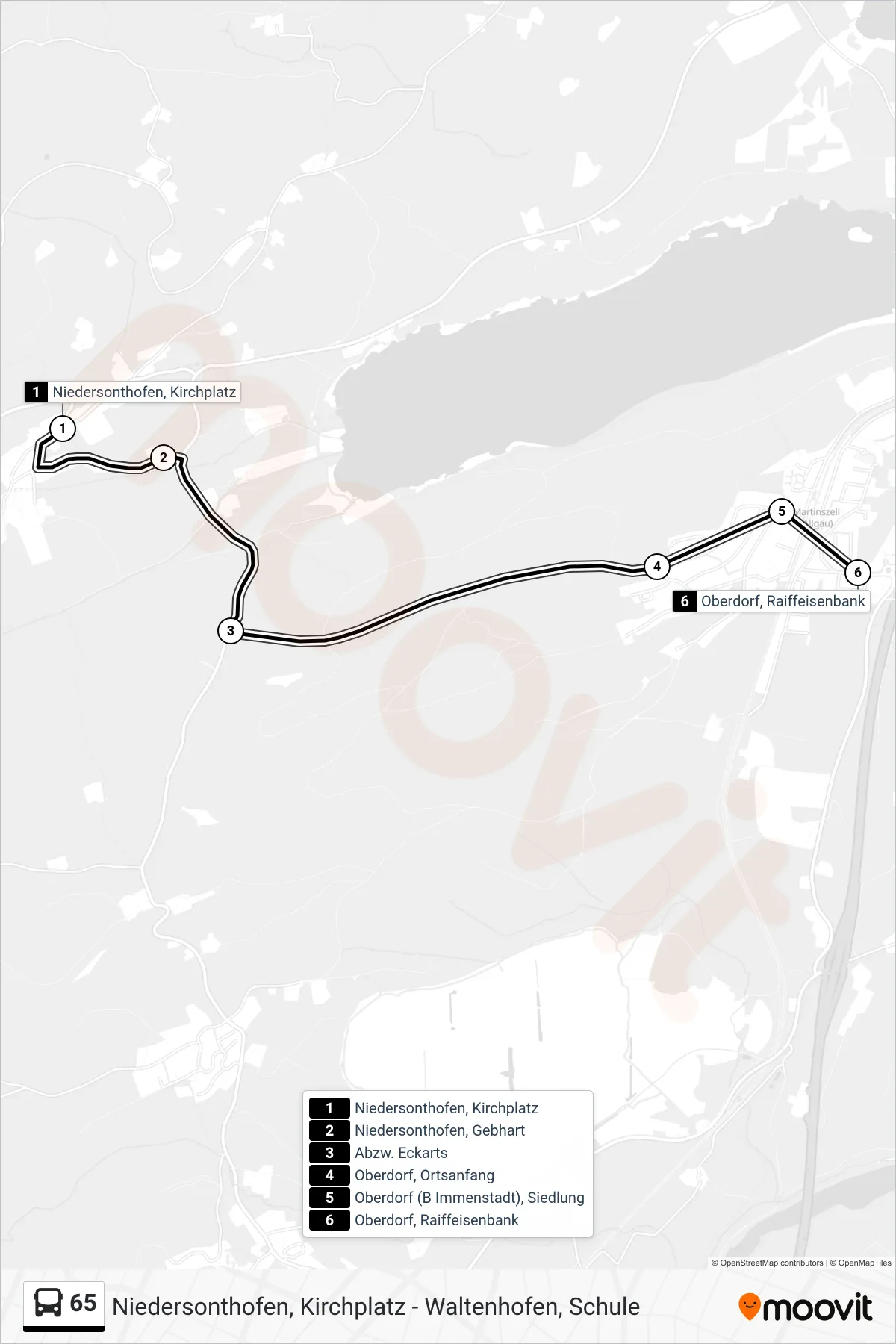 Linie 65 (Bus) Richtung Oberdorf, Raiffeisenbank: Route und Haltestellen auf der Karte