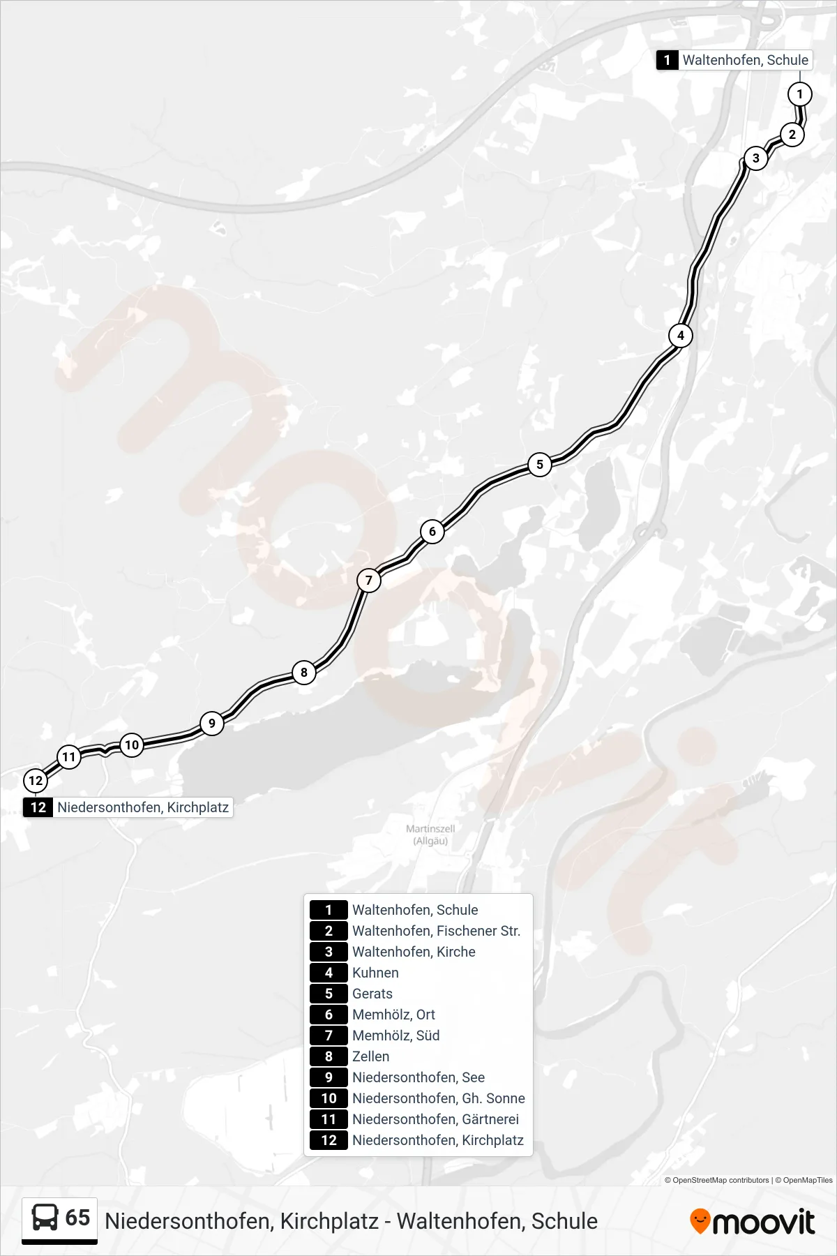 Linie 65 (Bus) Richtung Niedersonthofen Über Waltenhofen: Route und Haltestellen auf der Karte