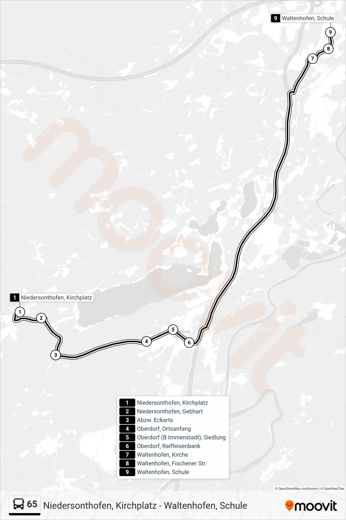 65 bus Line (Kempten Über Waltenhofen) route and stops on a map