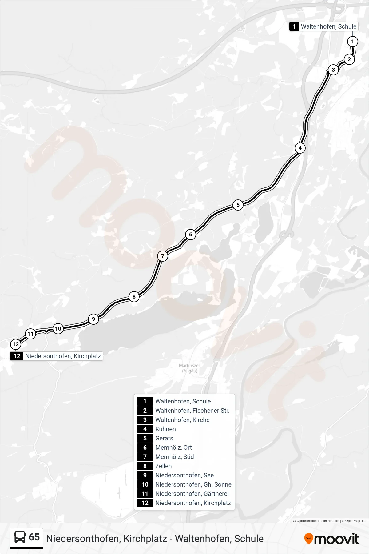 65 bus Line (Niedersonthofen Über Memhölz) route and stops on a map