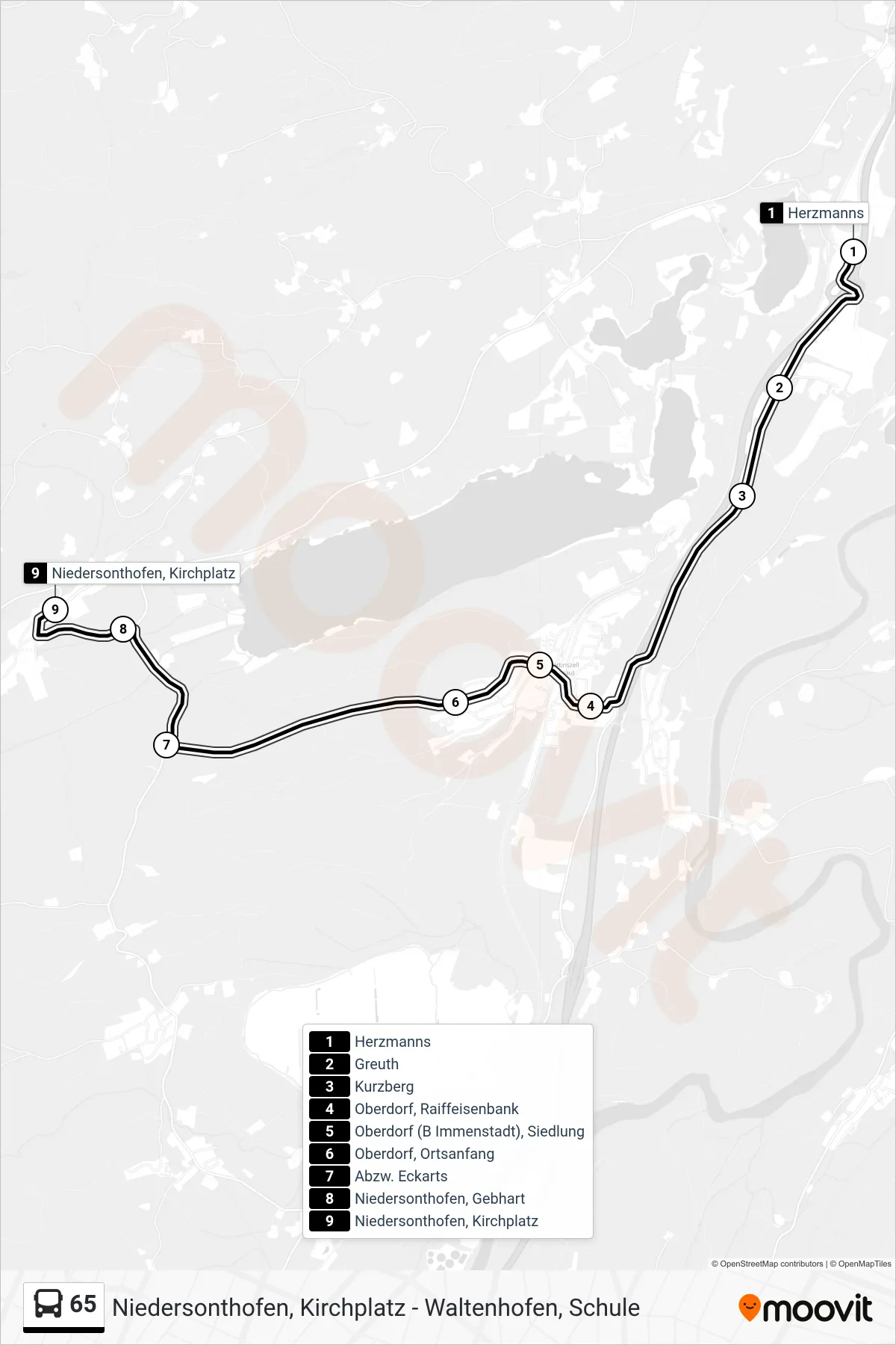 65 bus Line (Waltenhofen Schule) route and stops on a map
