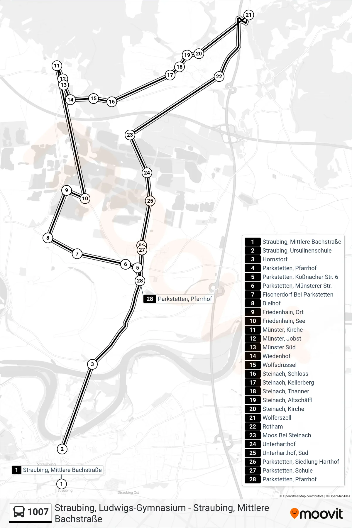1007 bus Line (Parkstetten Pfarrhof) route and stops on a map