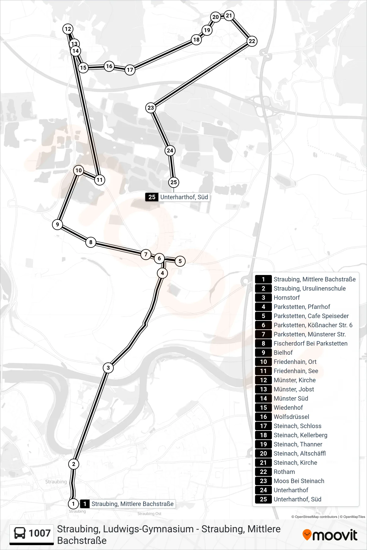 1007 bus Line (Unterharthof Süd) route and stops on a map