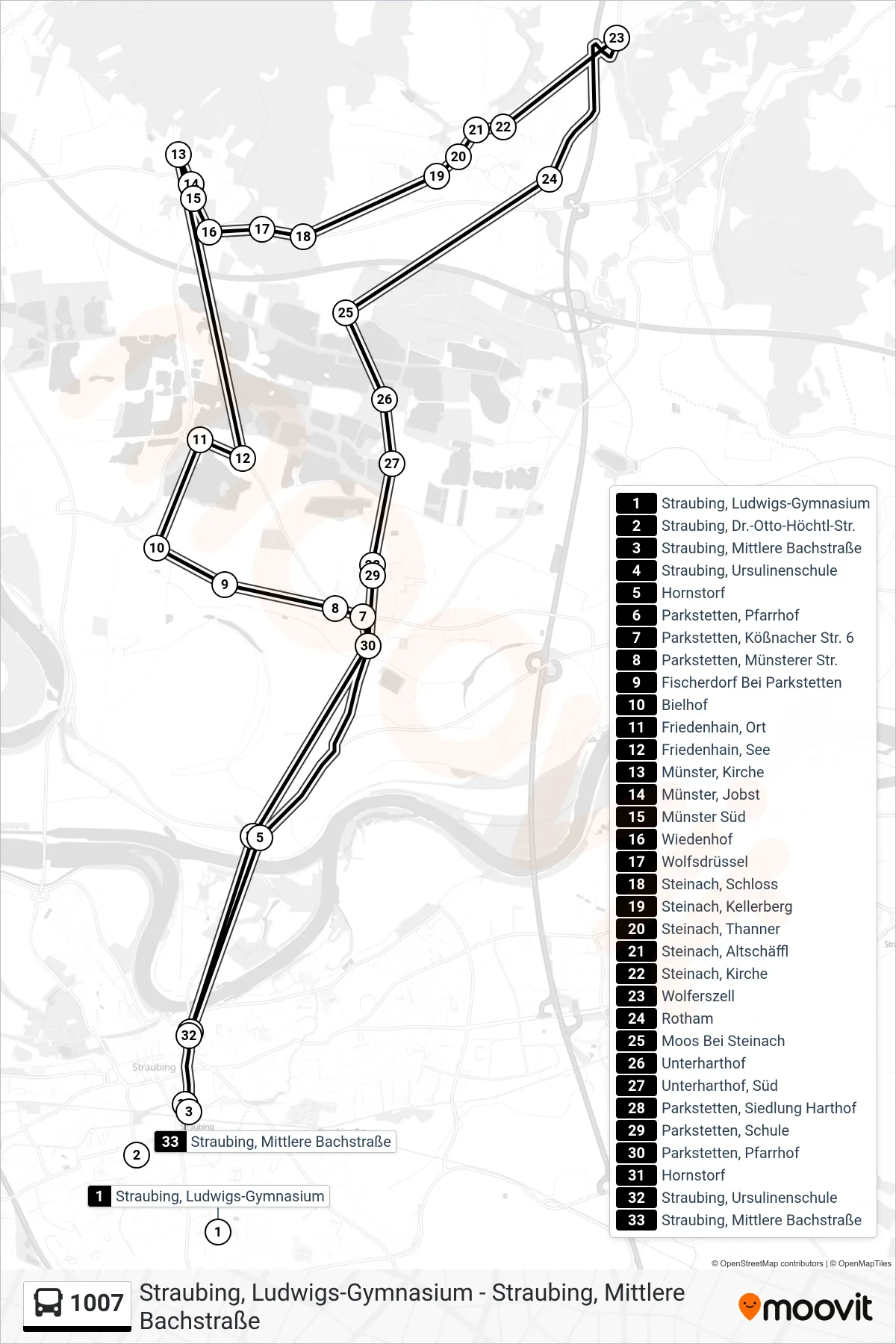 1007 bus Line (Straubing Bf; Bachstraße) route and stops on a map
