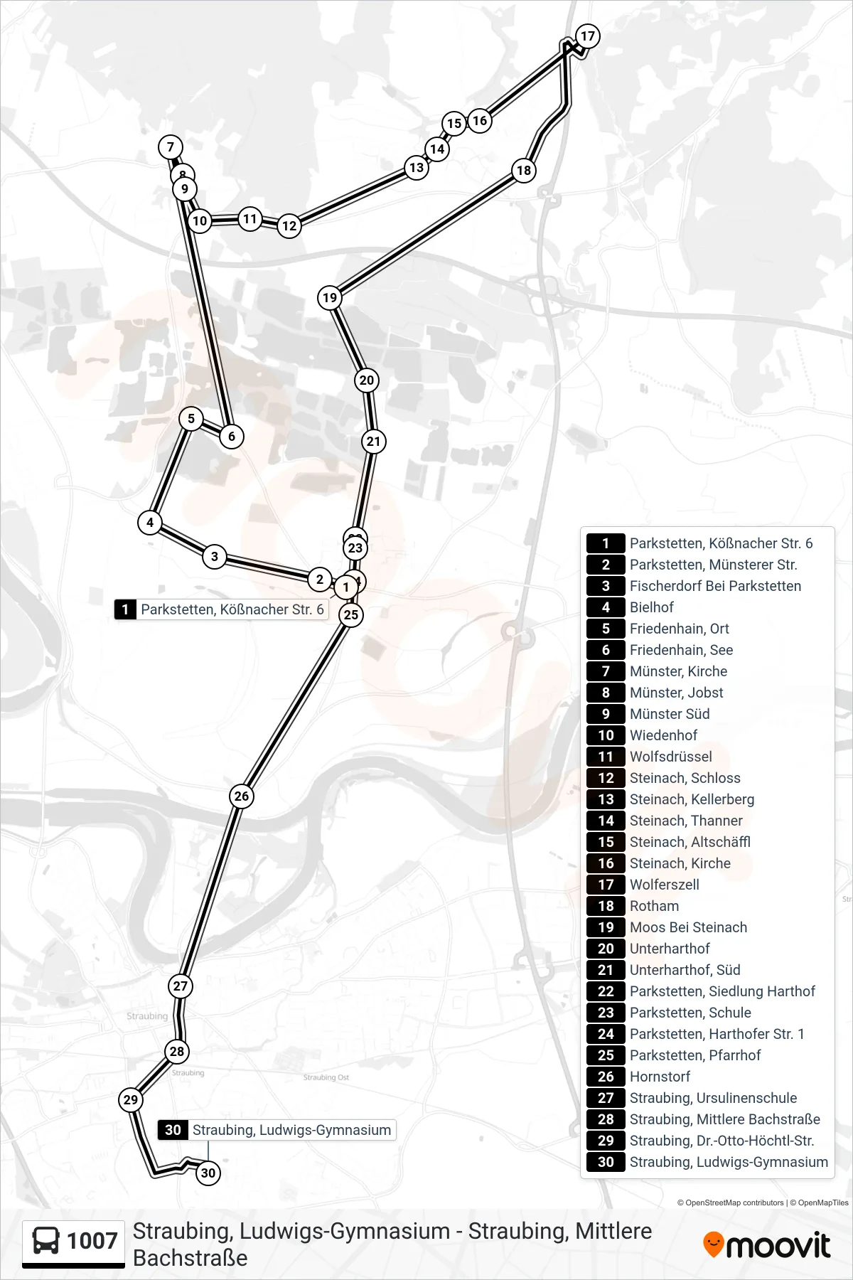 Linie 1007 (Bus) Richtung Straubing; Ludwigs-Gymnasium: Route und Haltestellen auf der Karte