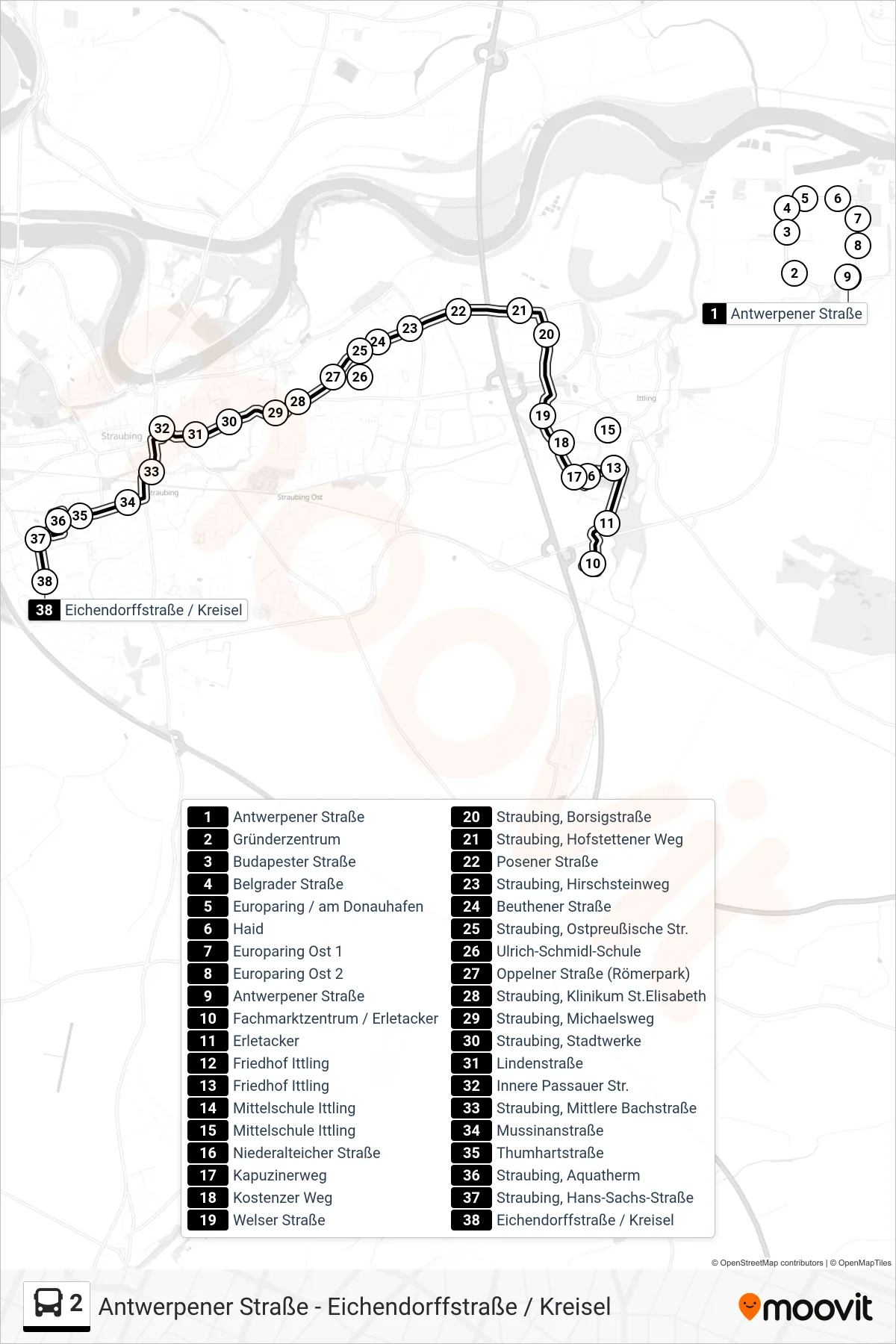 Linie 2 (Bus) Richtung Eichendorffstraße / Kreisel: Route und Haltestellen auf der Karte