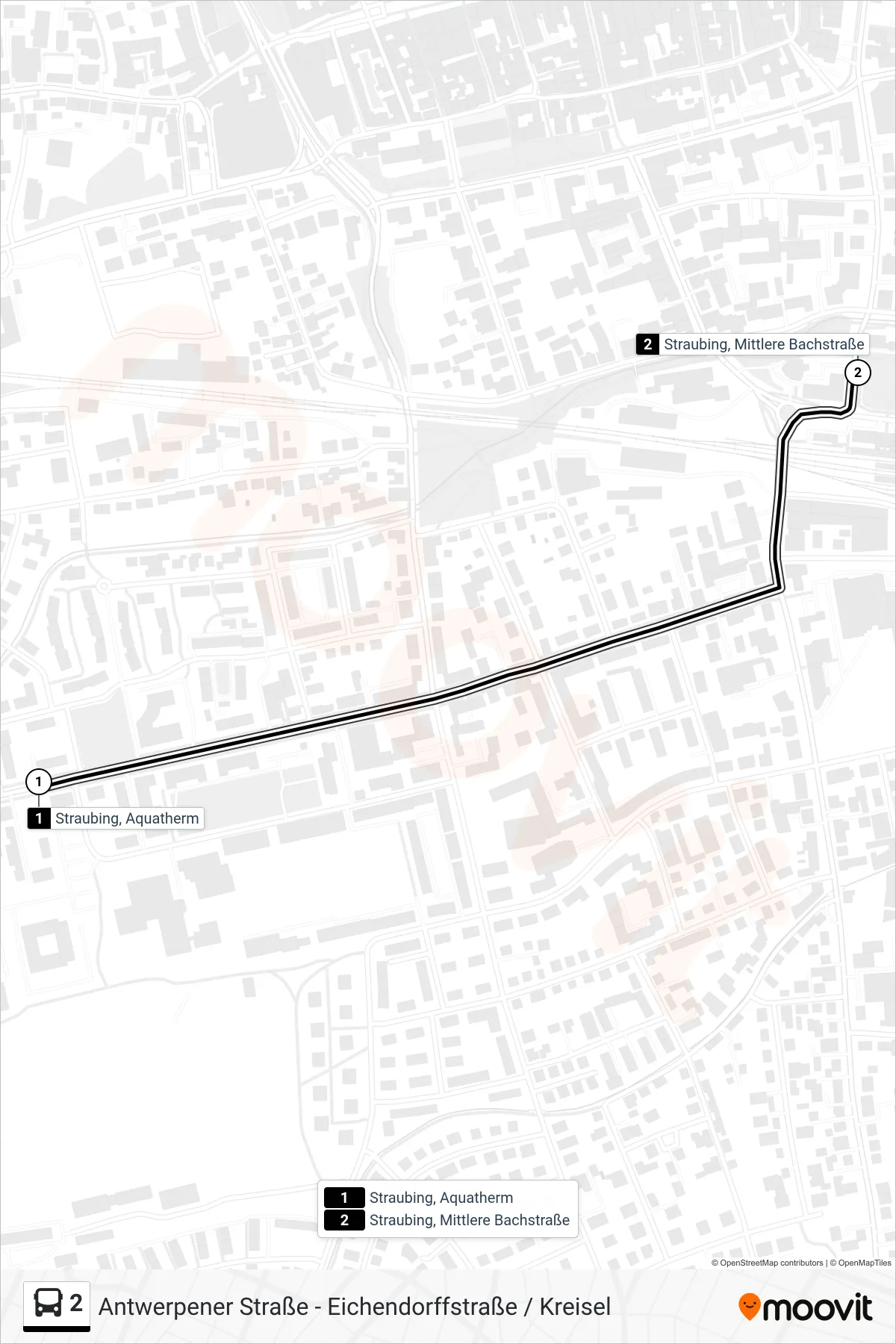 2 bus Line (Straubing, Mittlere Bachstraße) route and stops on a map
