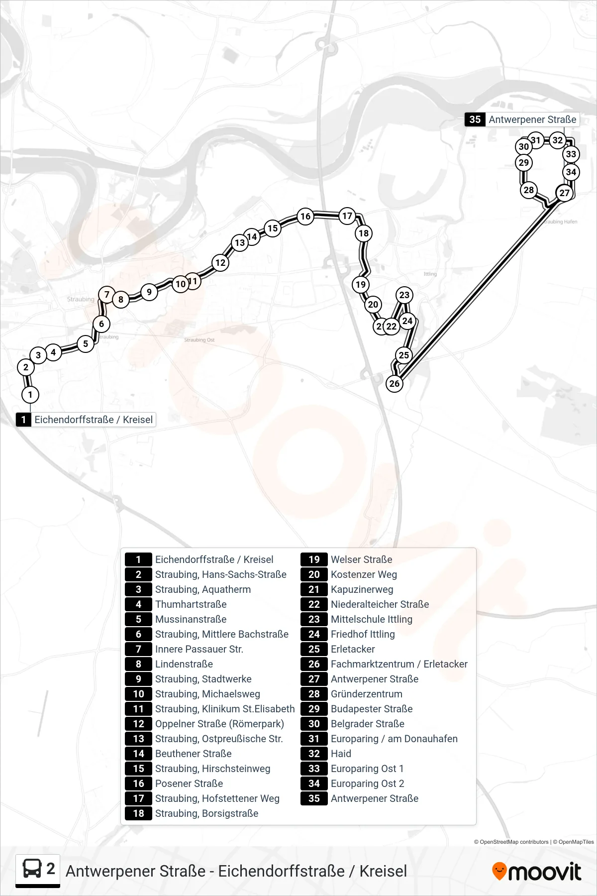 2 bus Line (Antwerpener Straße) route and stops on a map