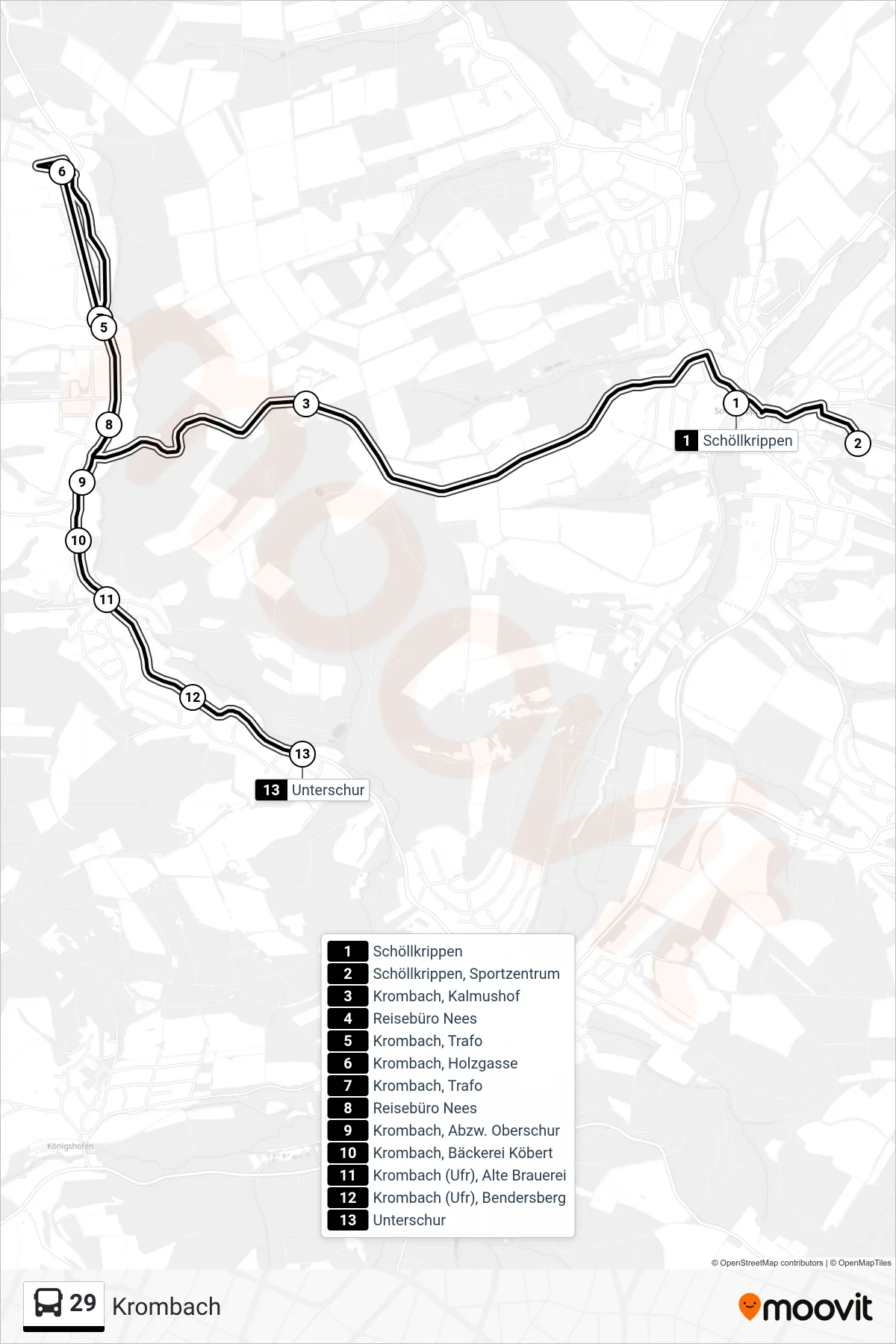 29 bus Line (Krombach) route and stops on a map