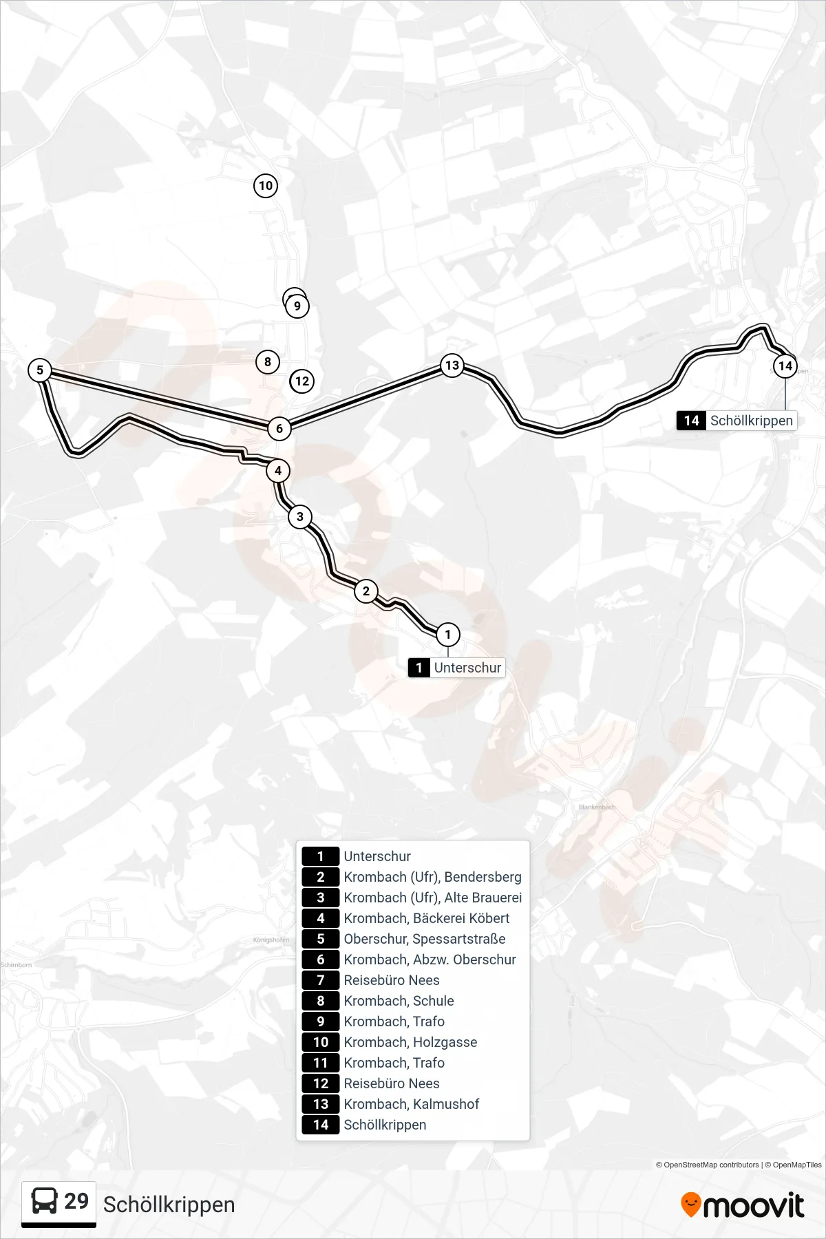 29 bus Line (Schöllkrippen) route and stops on a map