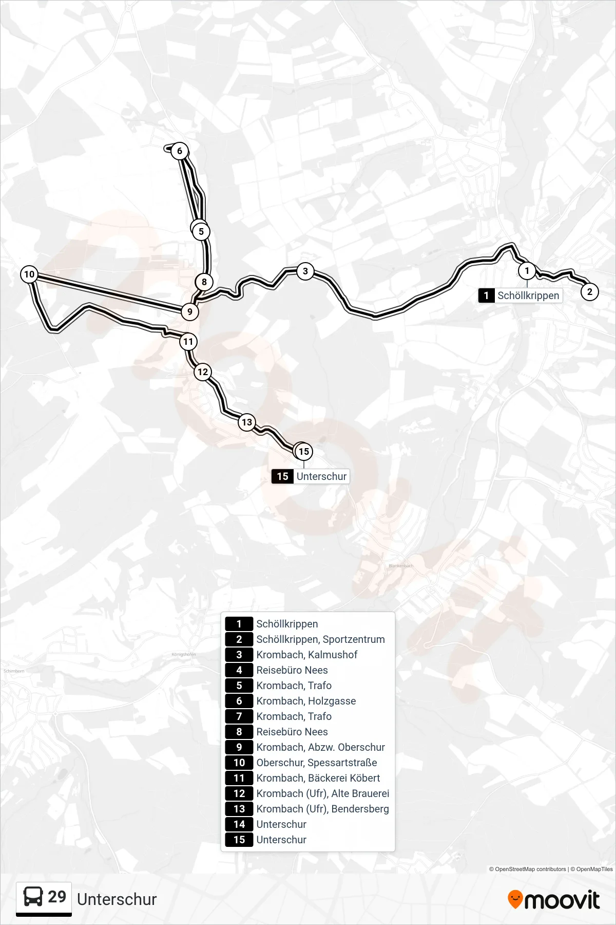 Linie 29 (Bus) Richtung Unterschur: Route und Haltestellen auf der Karte