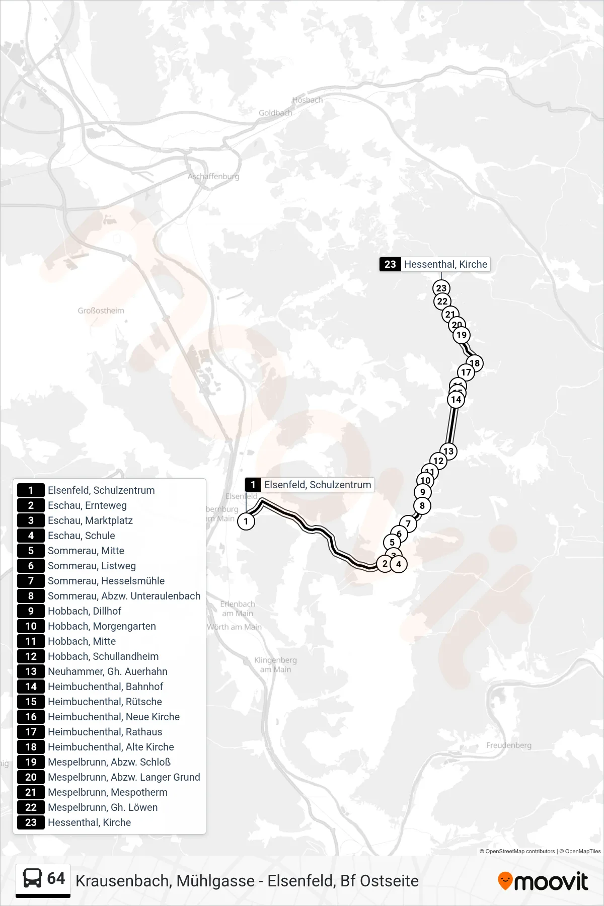 64 bus Line (Hessenthal Kirche) route and stops on a map