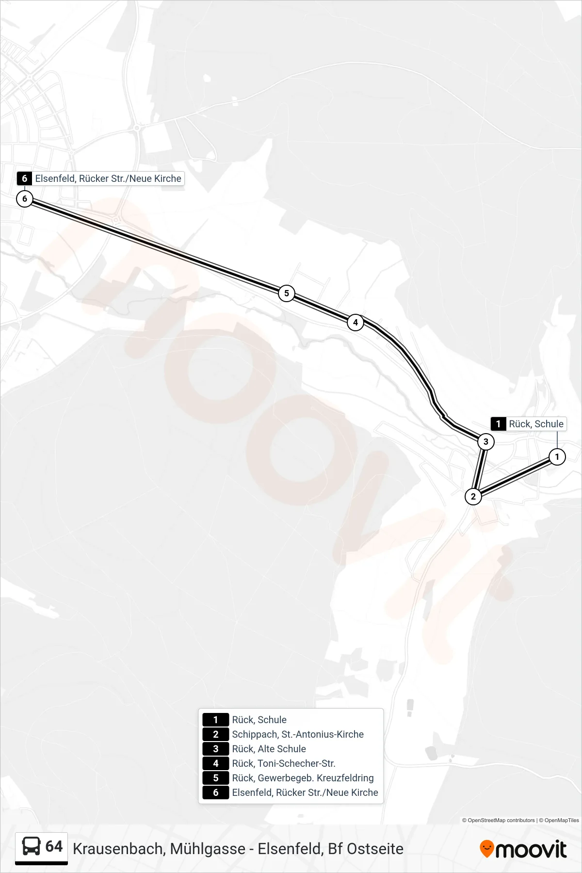 64 bus Line (Elsenfeld Rücker Straße/Neue Kirche) route and stops on a map