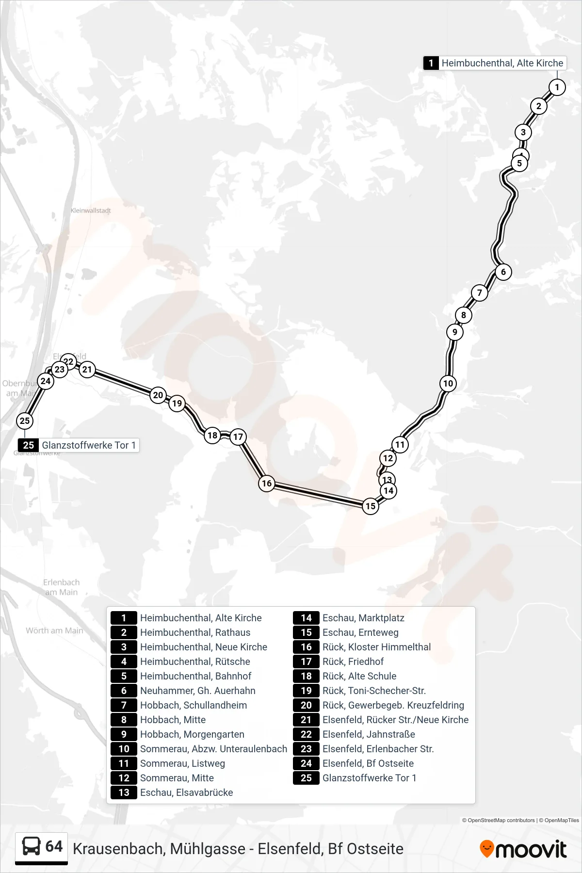 Linie 64 (Bus) Richtung Elsenfeld Glanzstoffwerke Tor 1: Route und Haltestellen auf der Karte