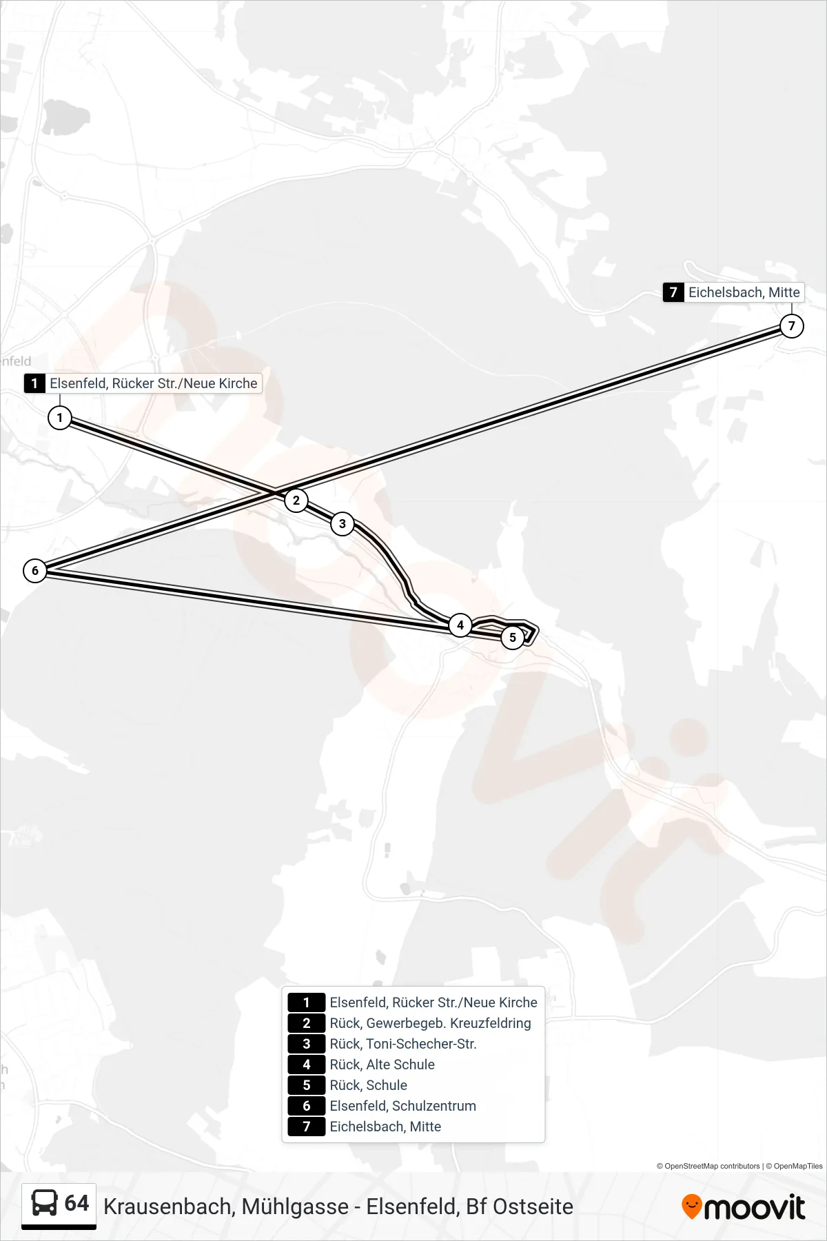 64 bus Line (Eichelsbach Mitte) route and stops on a map