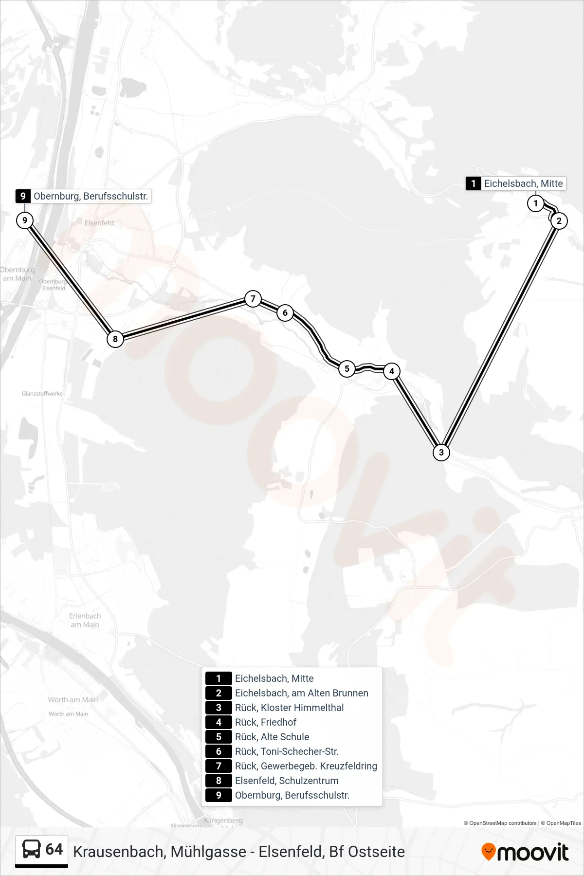 64 bus Line (Obernburg Berufsschulstraße) route and stops on a map