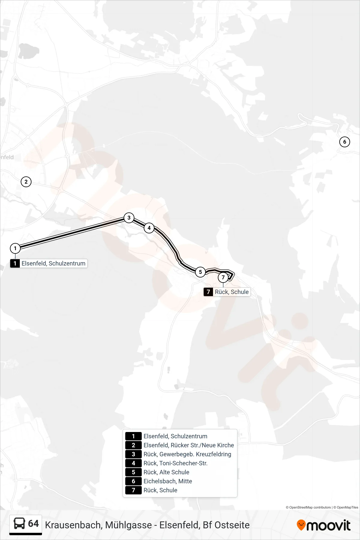 64 bus Line (Rück Schule) route and stops on a map