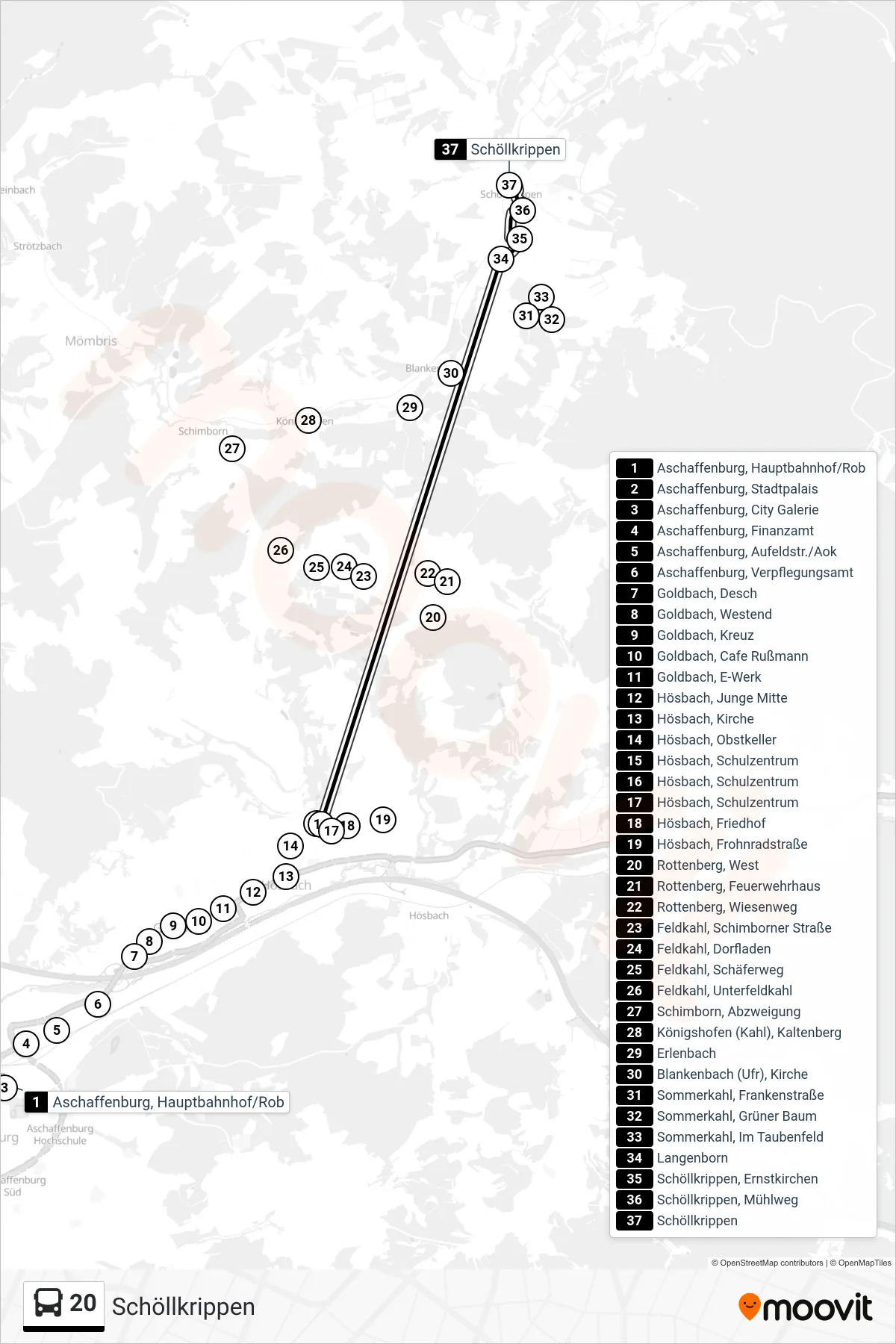 Linie 20 (Bus) Richtung Schöllkrippen: Route und Haltestellen auf der Karte