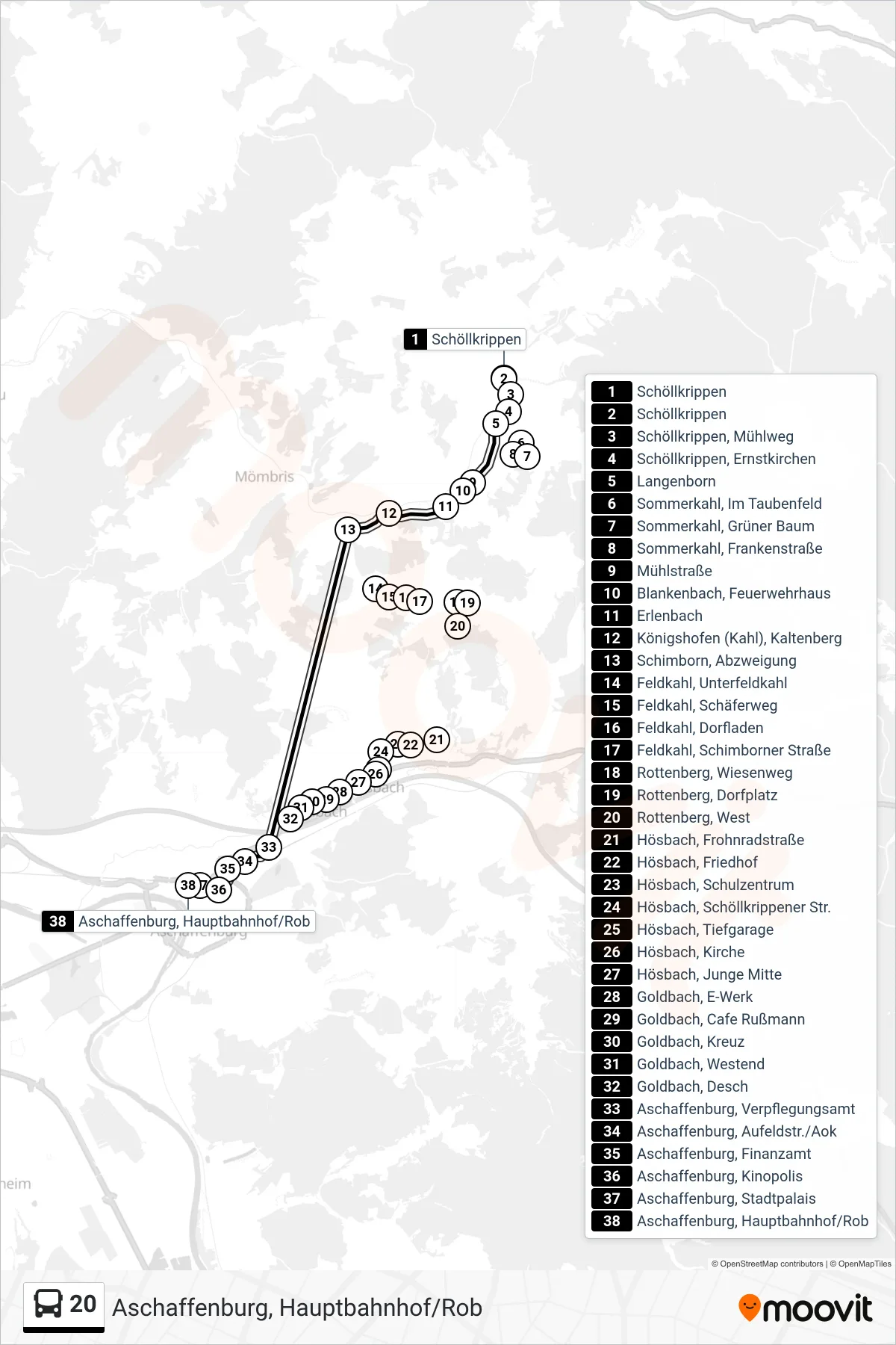 Linie 20 (Bus) Richtung Aschaffenburg, Hauptbahnhof/Rob: Route und Haltestellen auf der Karte