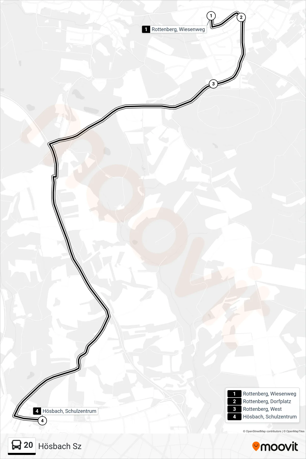 20 bus Line (Hösbach Sz) route and stops on a map