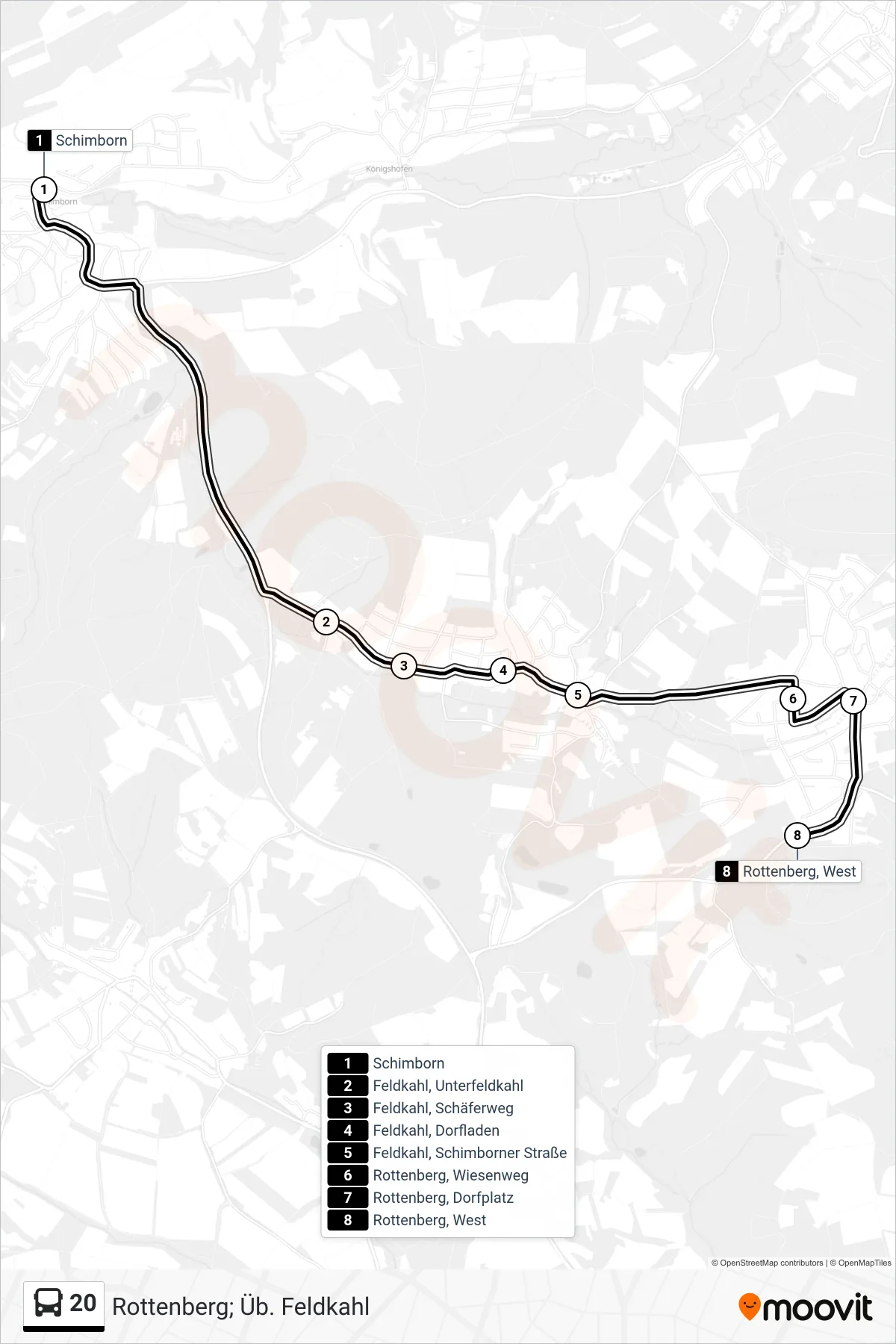 Linie 20 (Bus) Richtung Rottenberg; Üb. Feldkahl: Route und Haltestellen auf der Karte