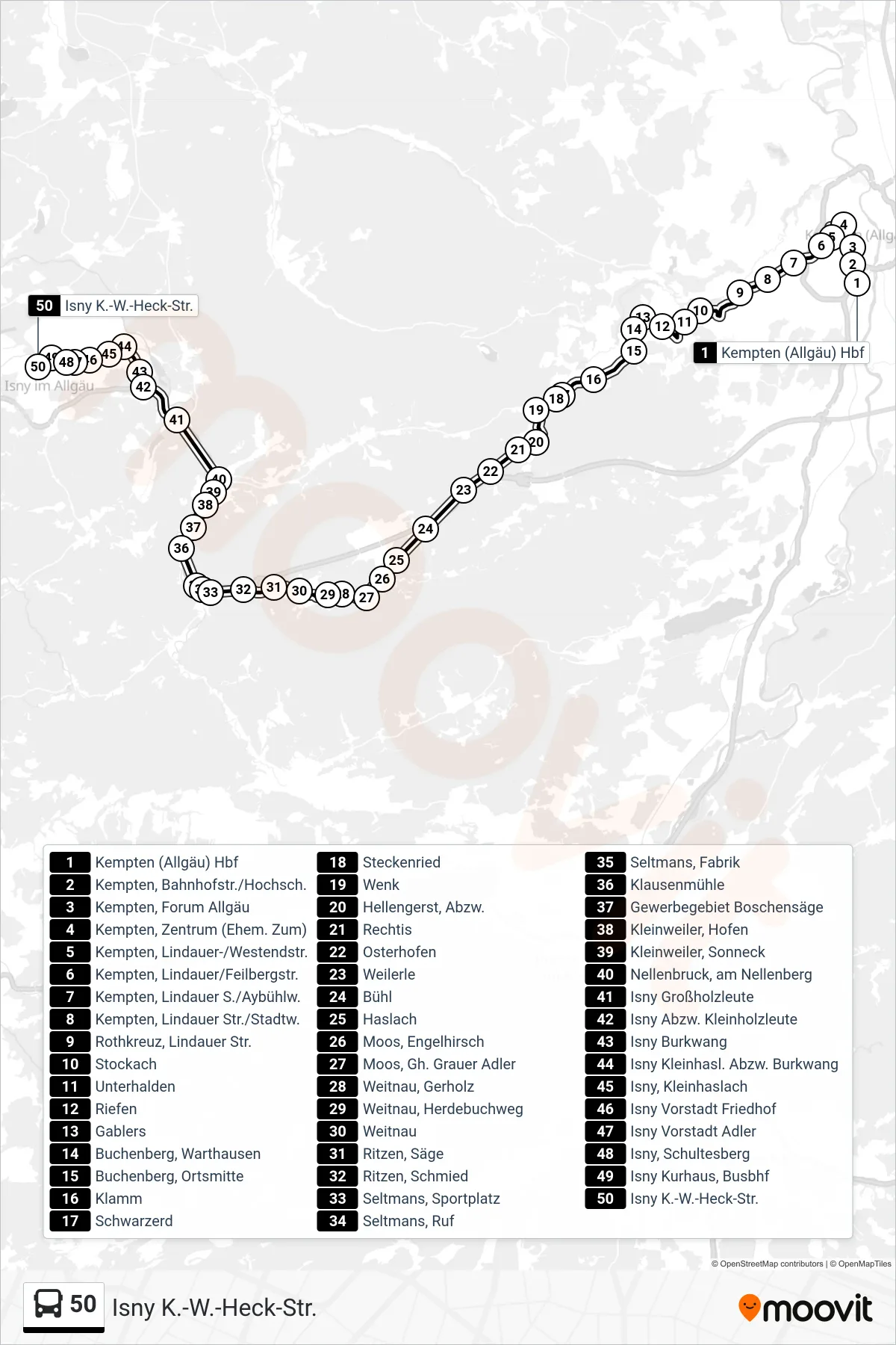 Linie 50 (Bus) Richtung Isny K.-W.-Heck-Str.: Route und Haltestellen auf der Karte