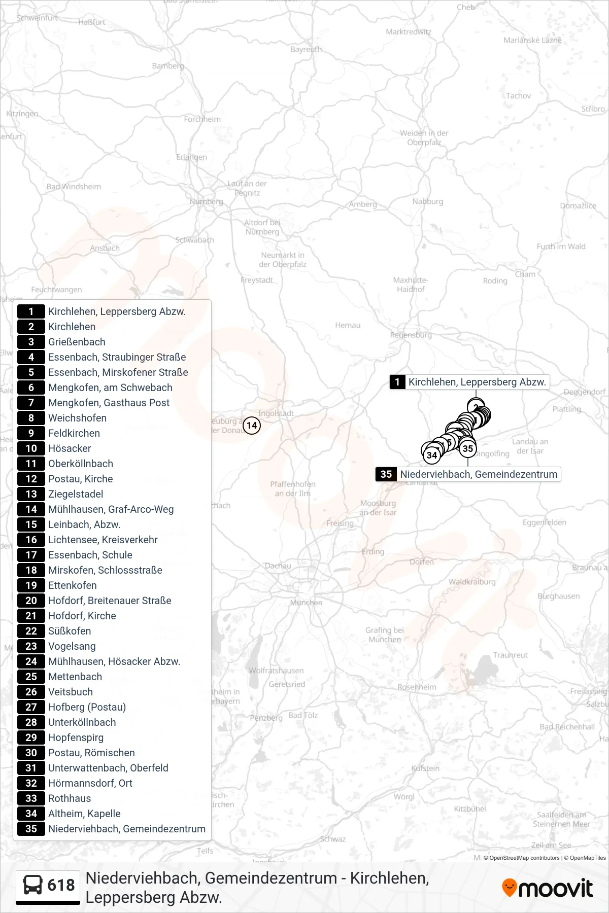 Linie 618 (Bus) Richtung Niederviehbach, Gemeindezentrum: Route und Haltestellen auf der Karte
