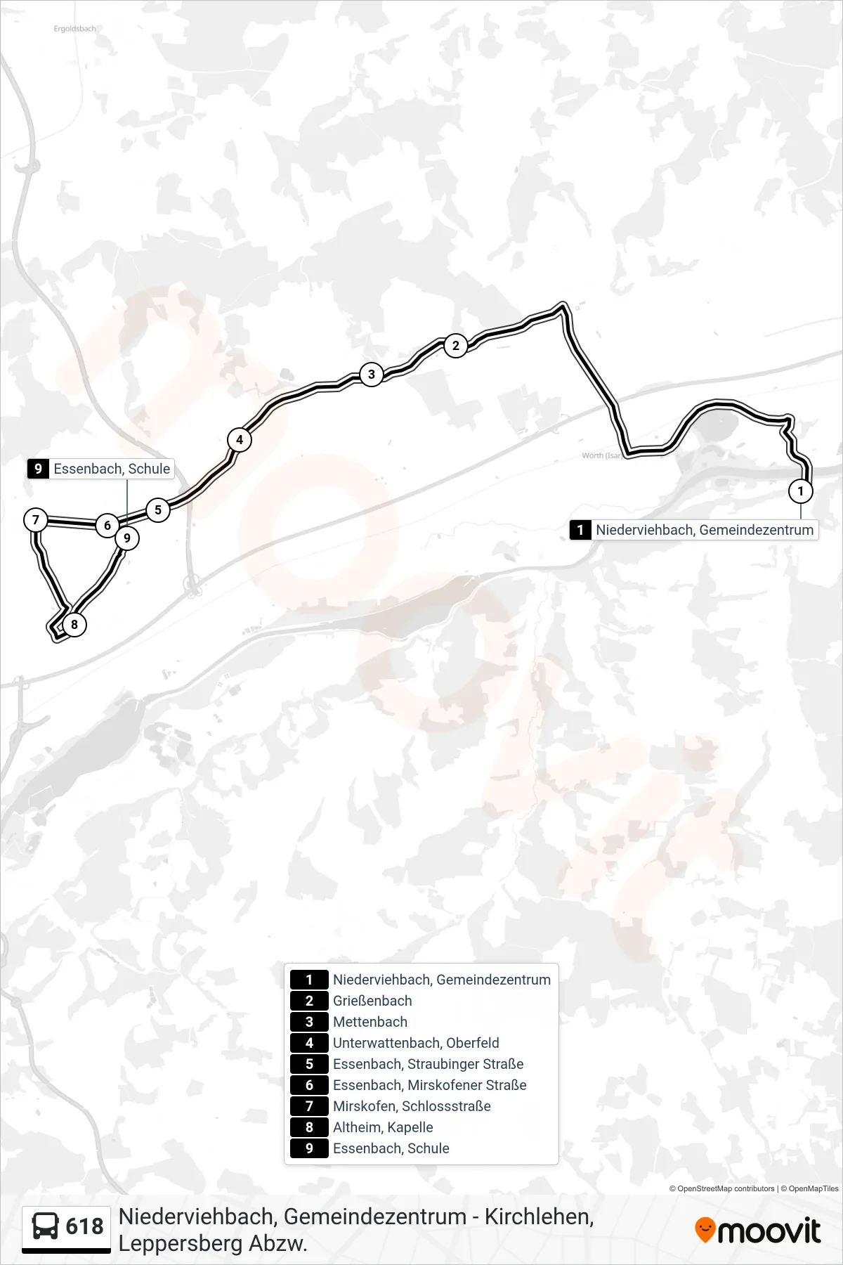 618 bus Line (Essenbach, Schule) route and stops on a map
