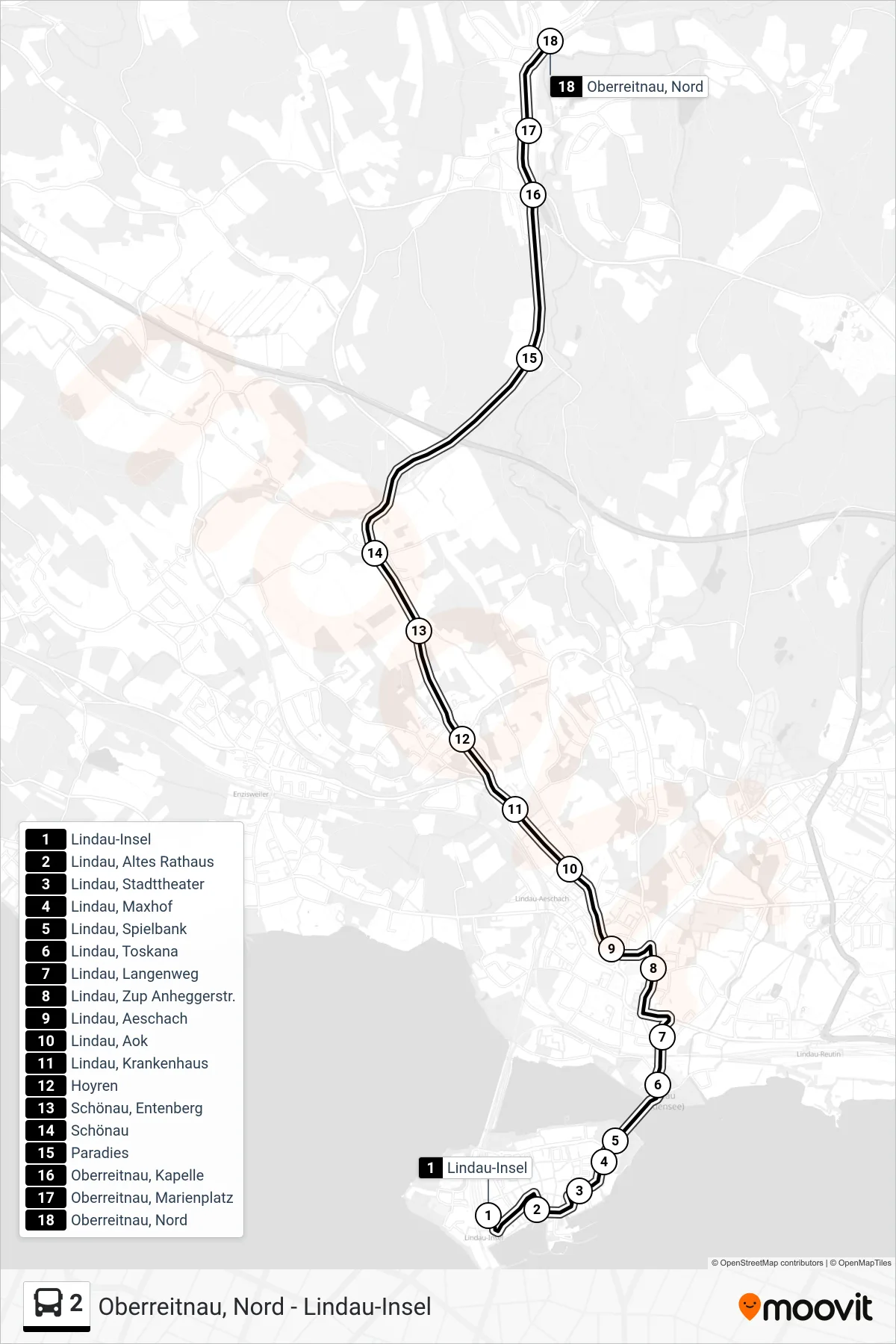 2 bus Line (Oberreitnau Nord) route and stops on a map