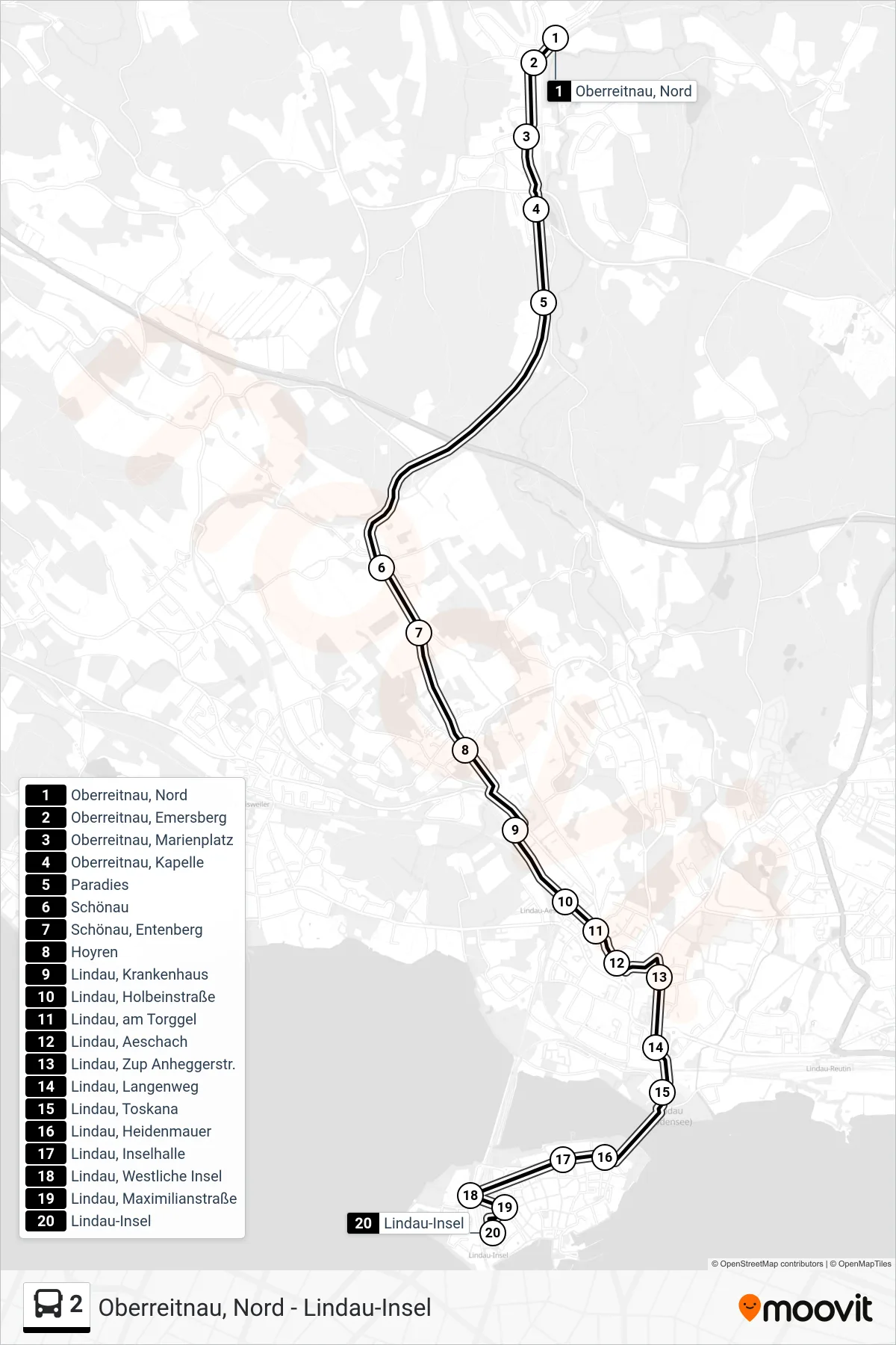 Linie 2 (Bus) Richtung Inselbahnhof Über Westliche Insel: Route und Haltestellen auf der Karte