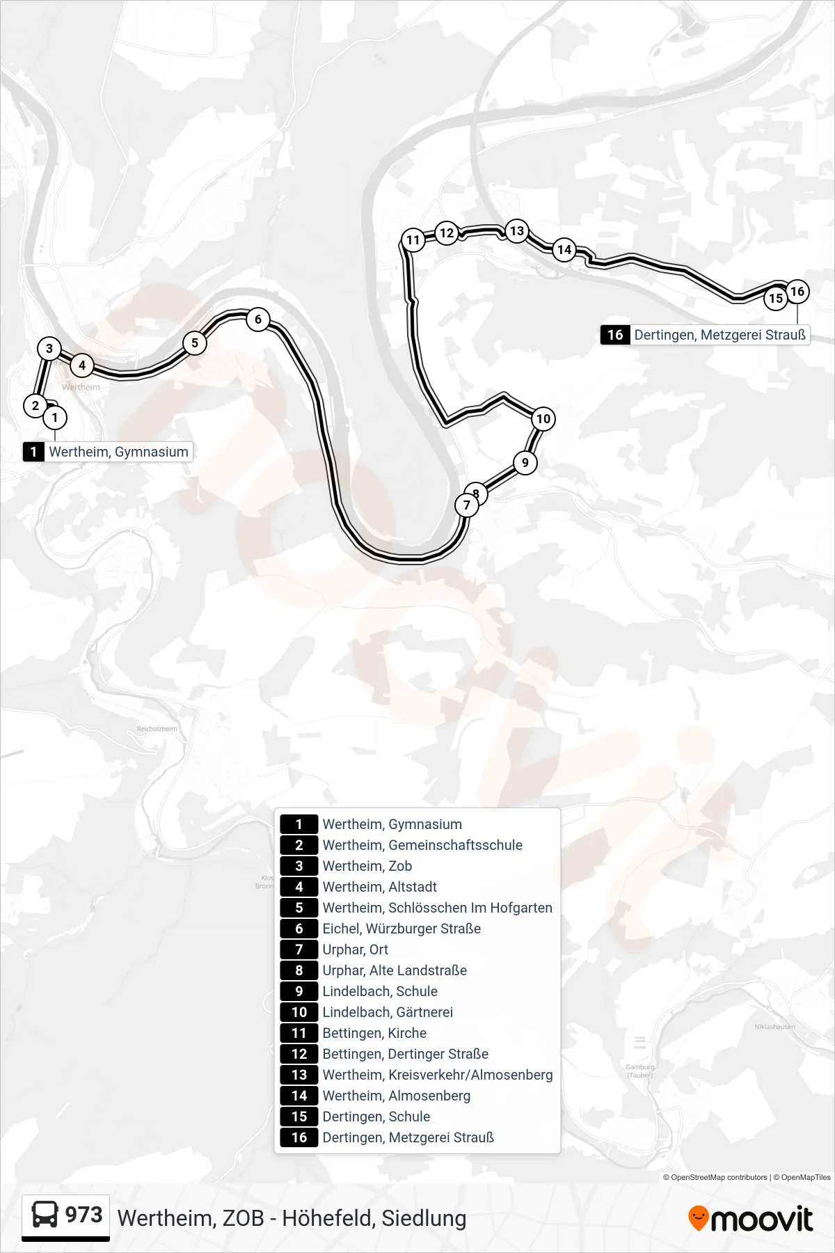 973 bus Line (Dertingen, Metzgerei Strauß) route and stops on a map