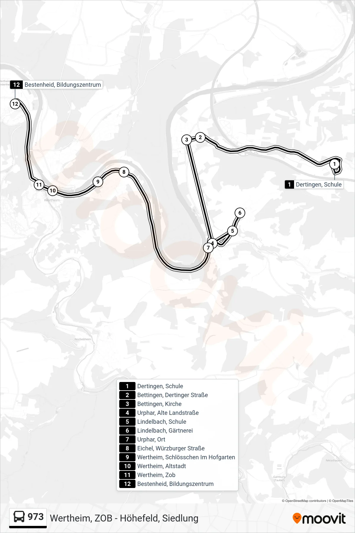 973 bus Line (Bestenheid, Bildungszentrum) route and stops on a map