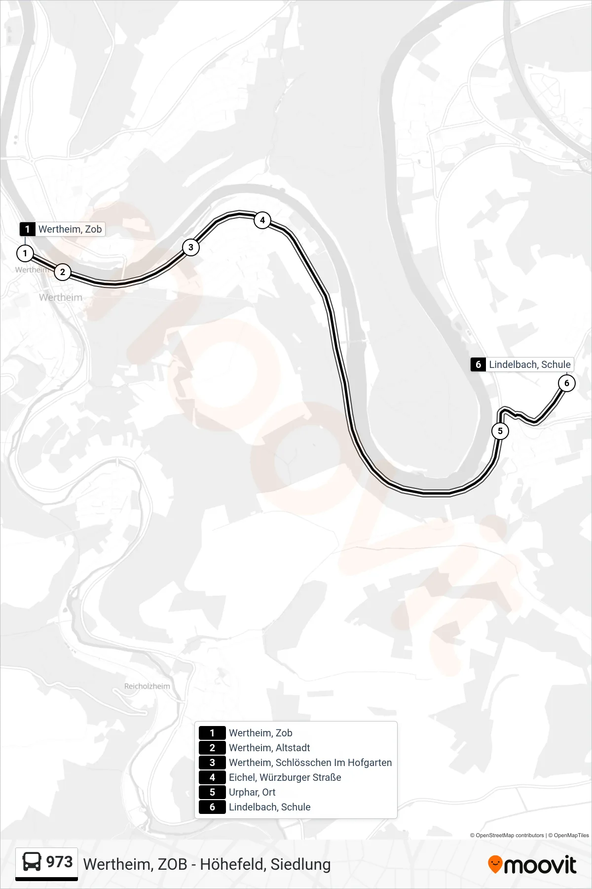 973 bus Line (Lindelbach, Schule) route and stops on a map