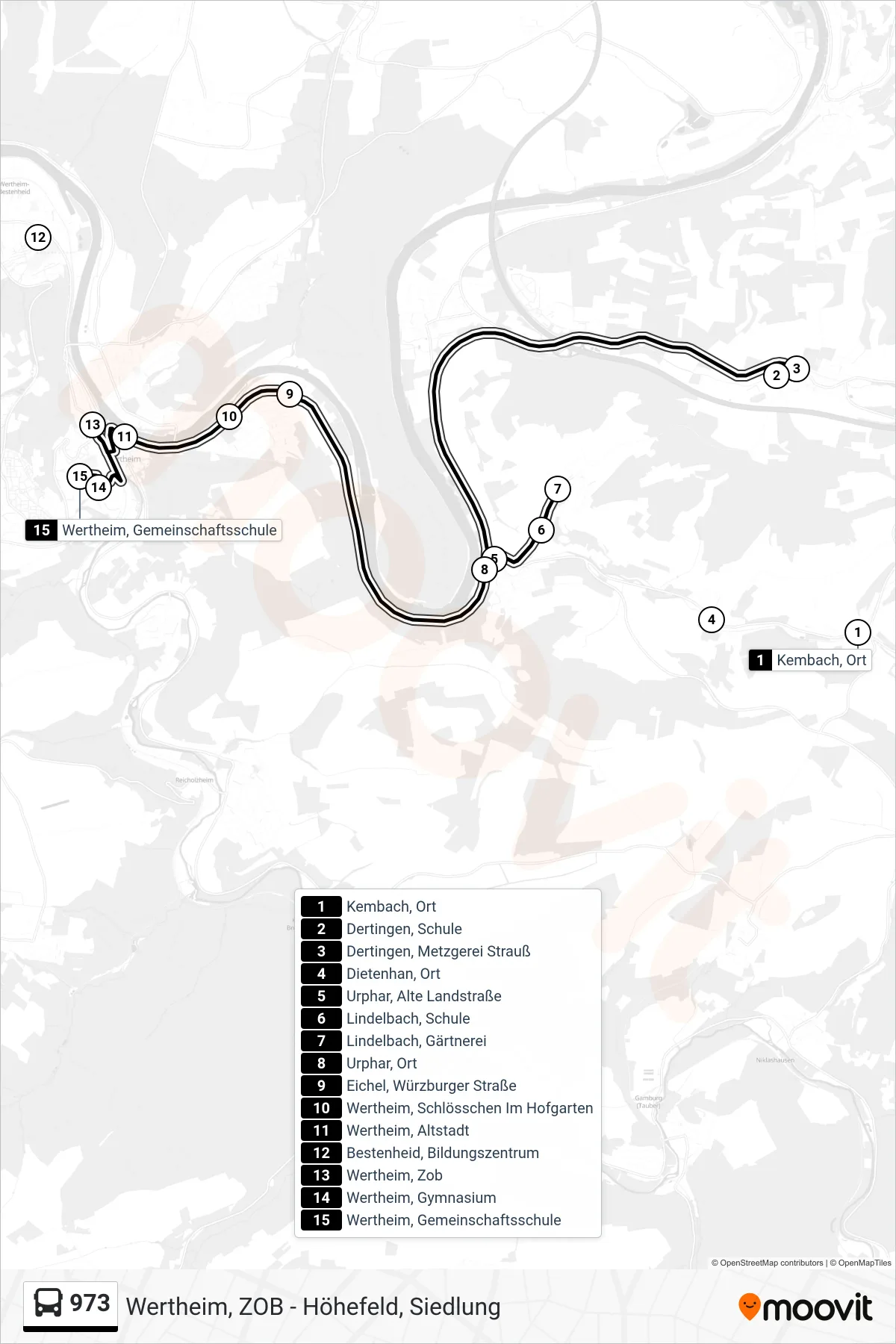 Linie 973 (Bus) Richtung Wertheim, Gemeinschaftsschule: Route und Haltestellen auf der Karte