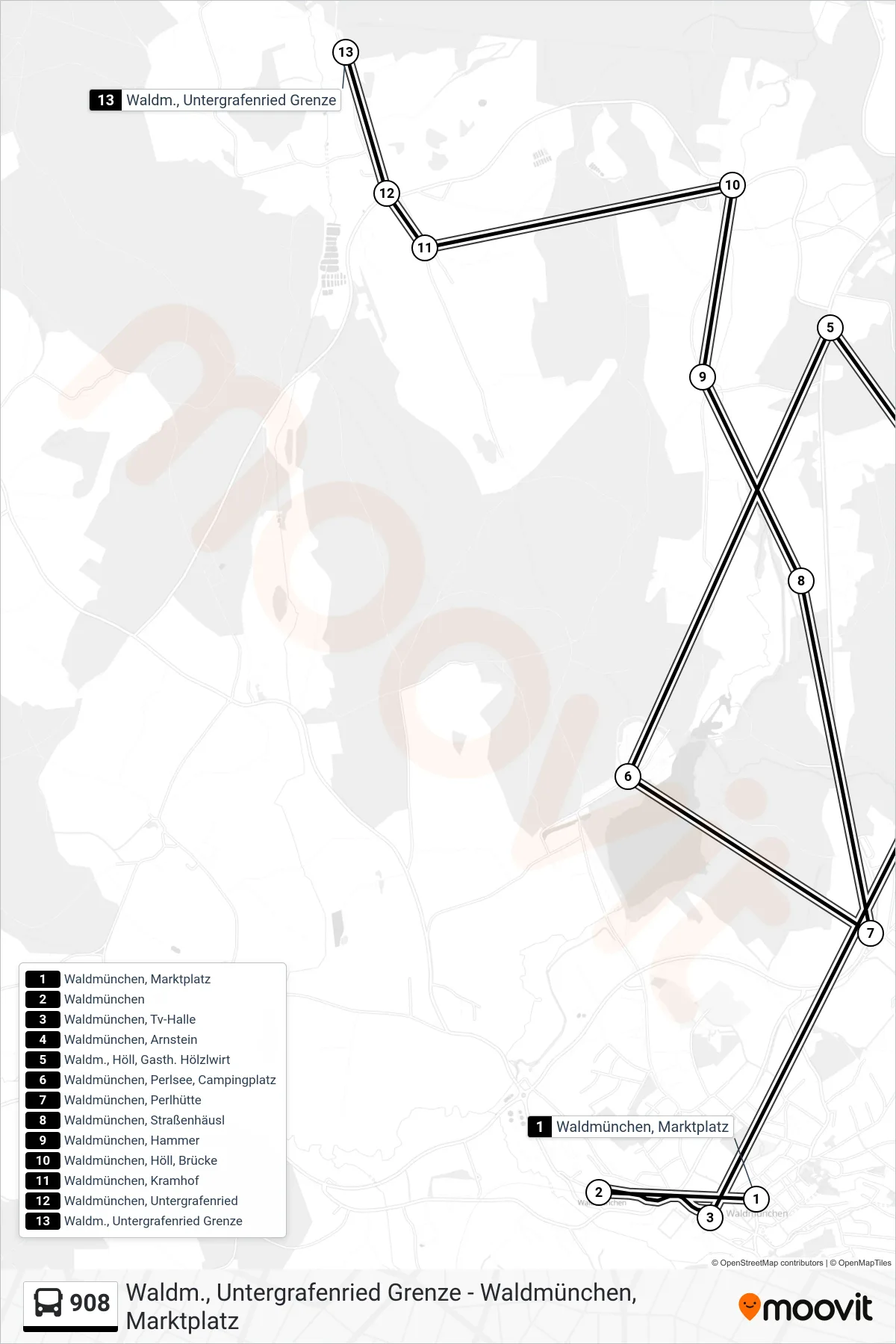 908 bus Line (Waldm., Untergrafenried Grenze) route and stops on a map