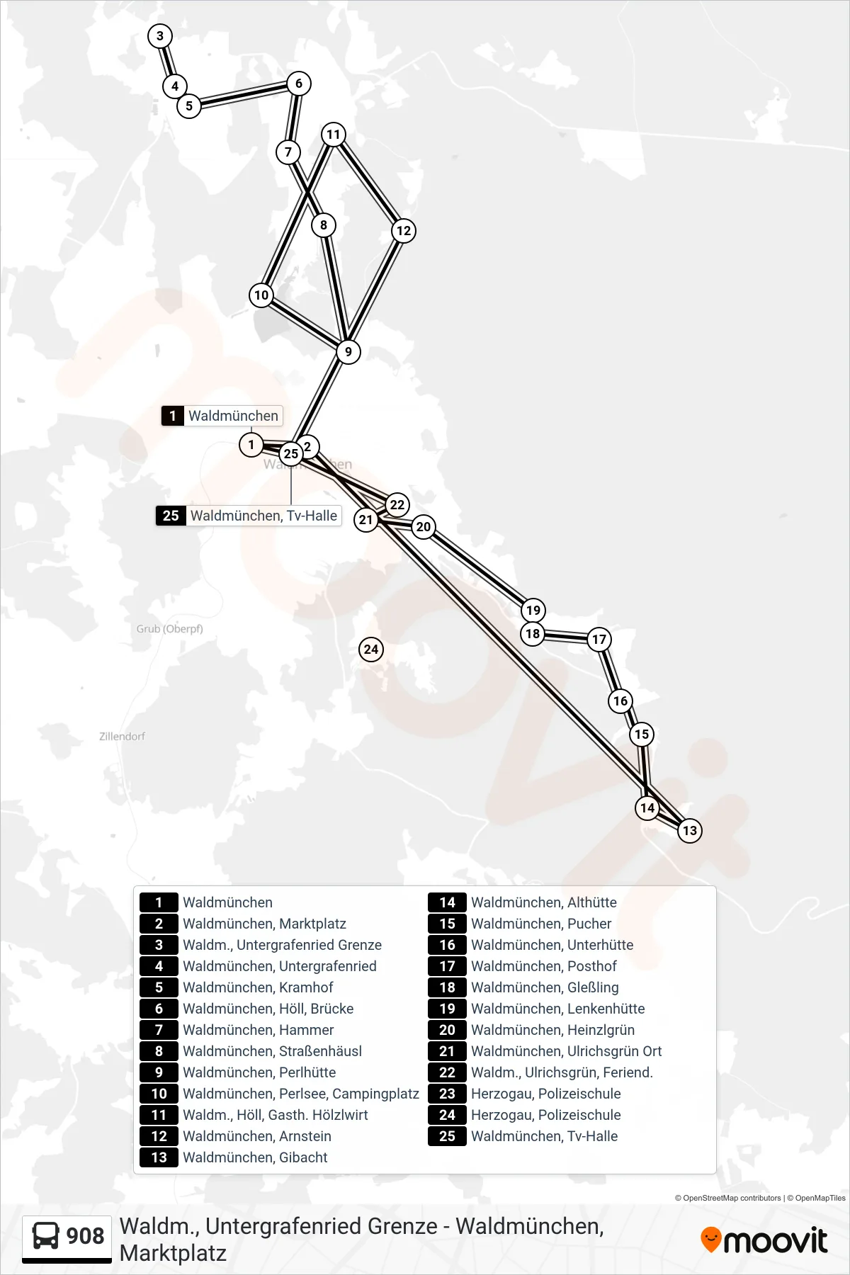 Linie 908 (Bus) Richtung Waldmünchen, Marktplatz: Route und Haltestellen auf der Karte
