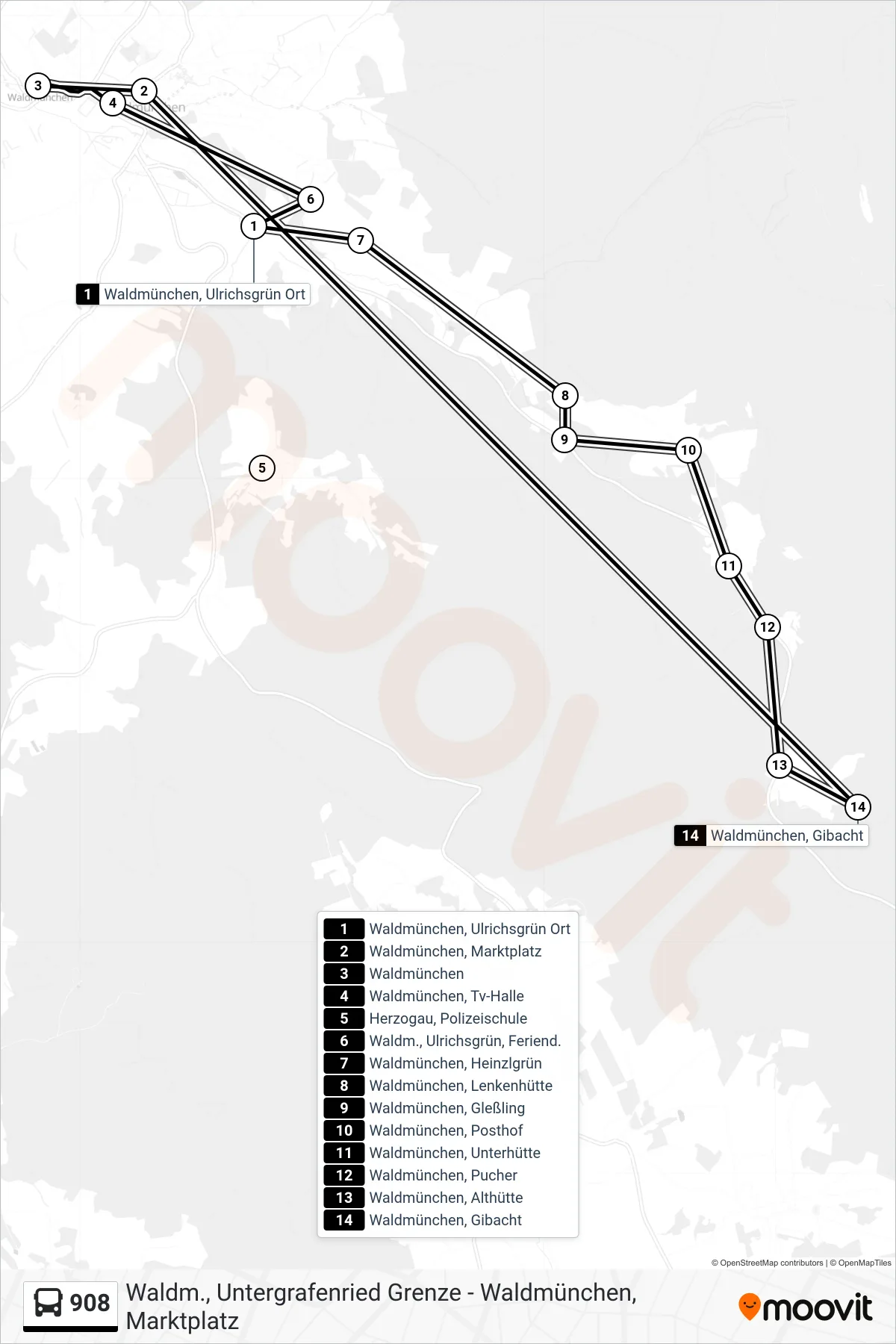 908 bus Line (Waldmünchen, Tv-Halle) route and stops on a map
