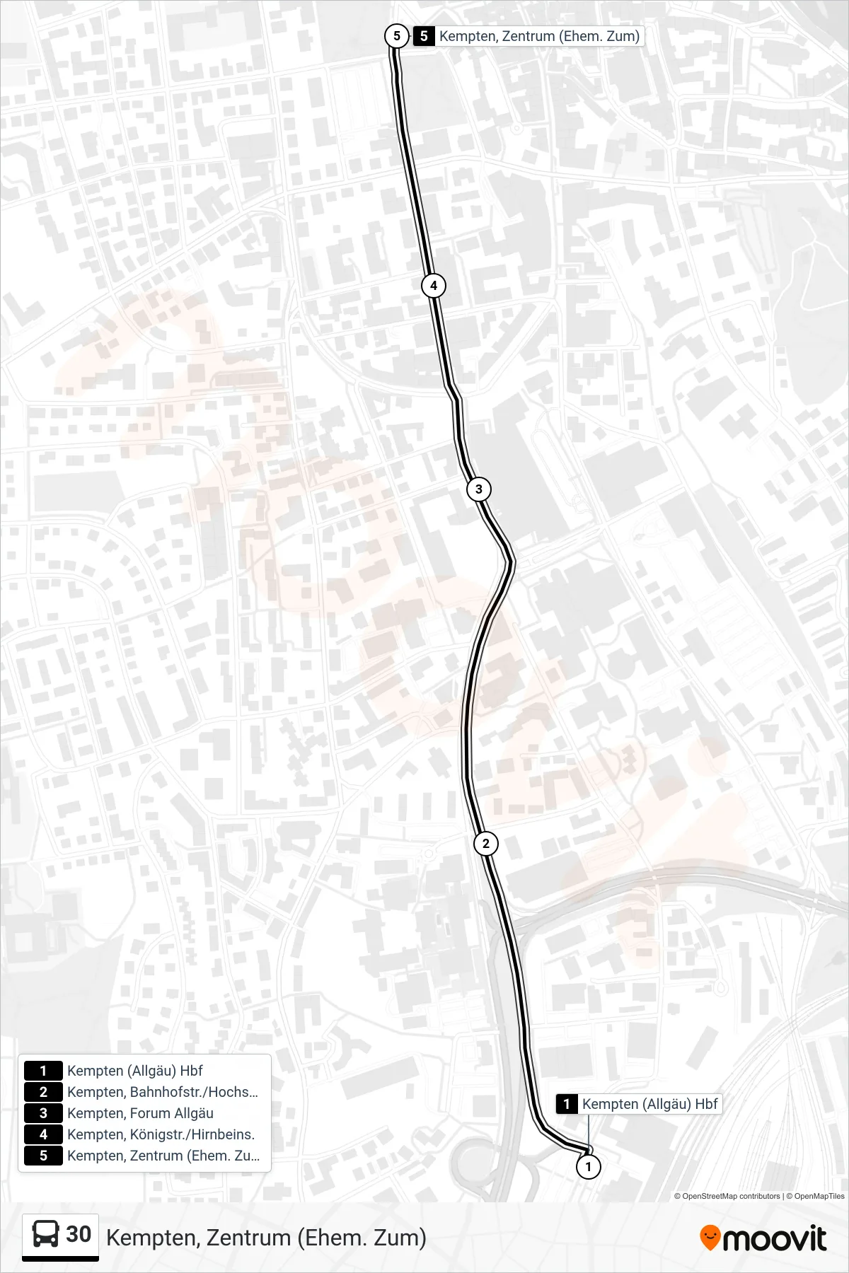 Linie 30 (Bus) Richtung Kempten, Zentrum (Ehem. Zum): Route und Haltestellen auf der Karte