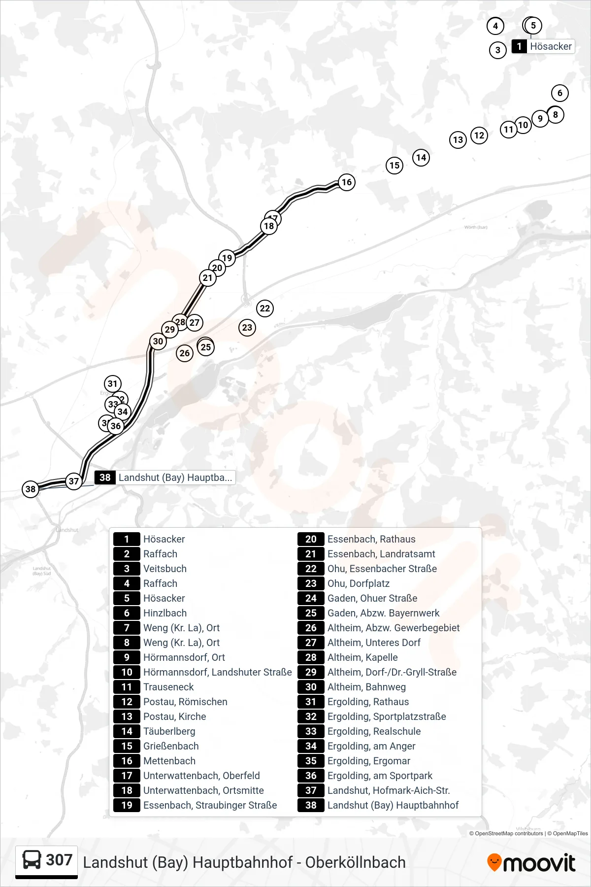 307 bus Line (Landshut (Bay) Hauptbahnhof) route and stops on a map