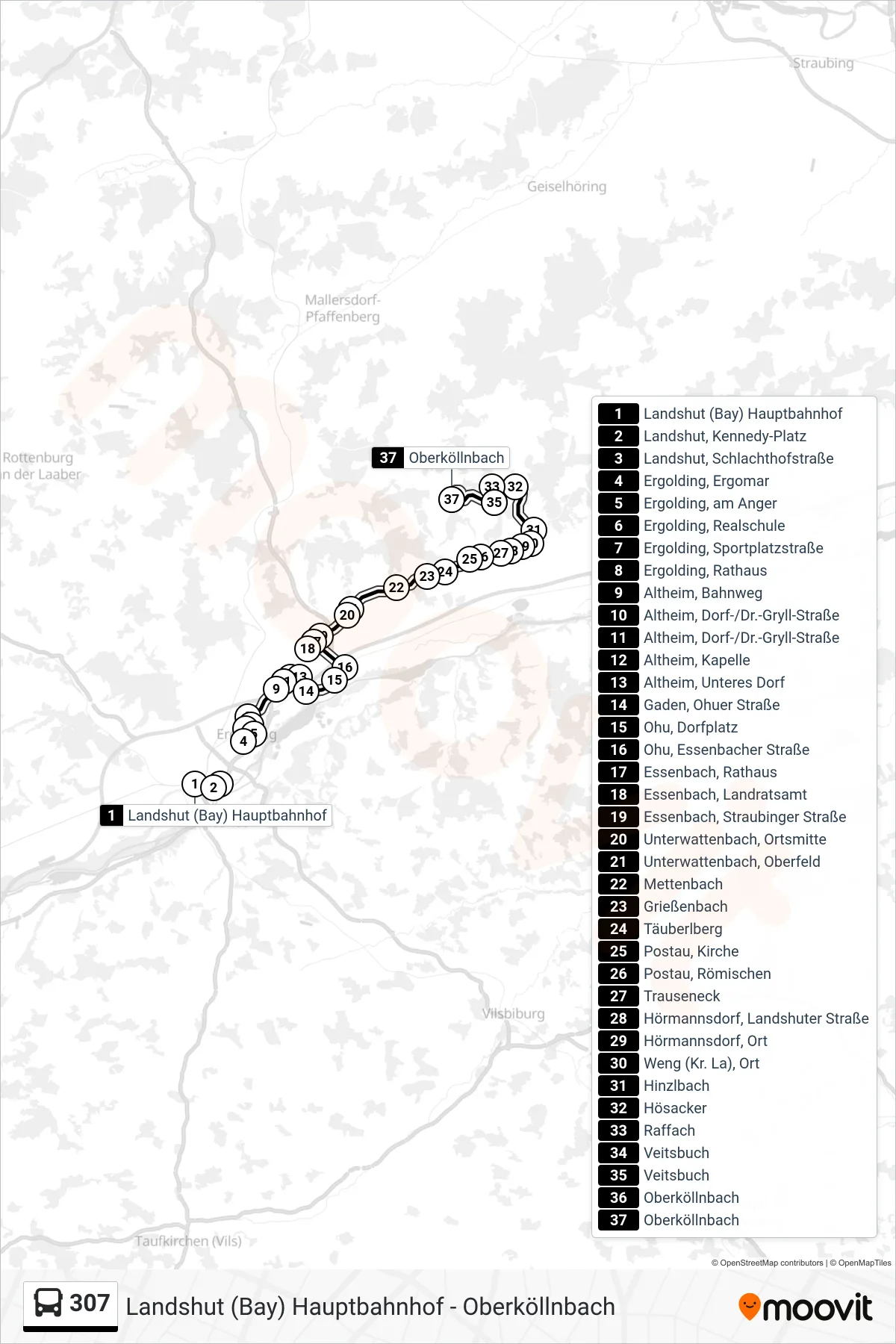 307 bus Line (Oberköllnbach) route and stops on a map