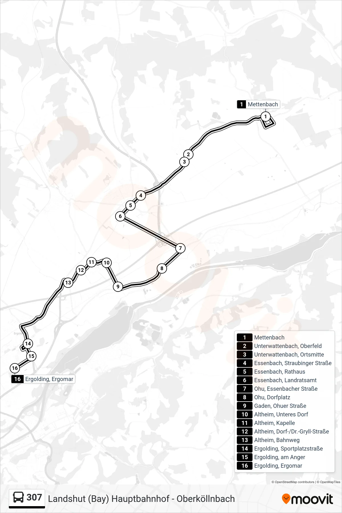 307 bus Line (Ergolding, Ergomar) route and stops on a map