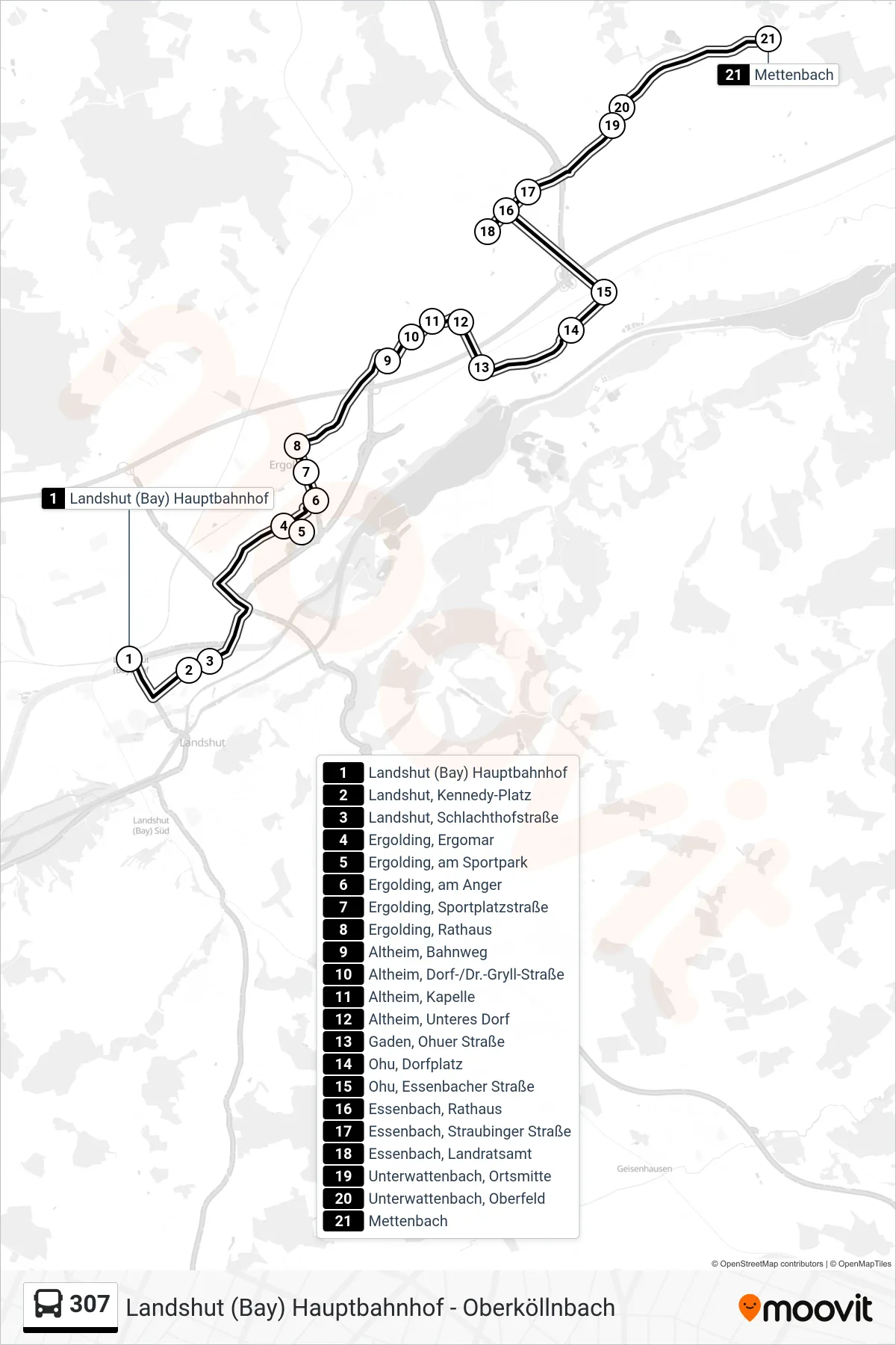 307 bus Line (Mettenbach) route and stops on a map