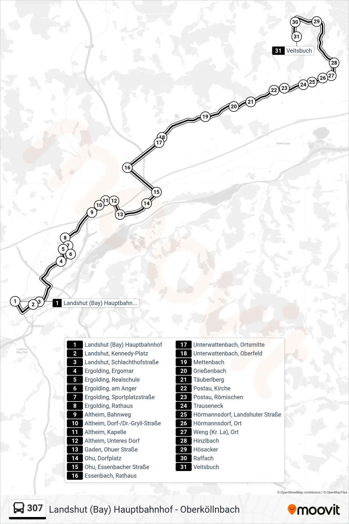 307 bus Line (Veitsbuch) route and stops on a map