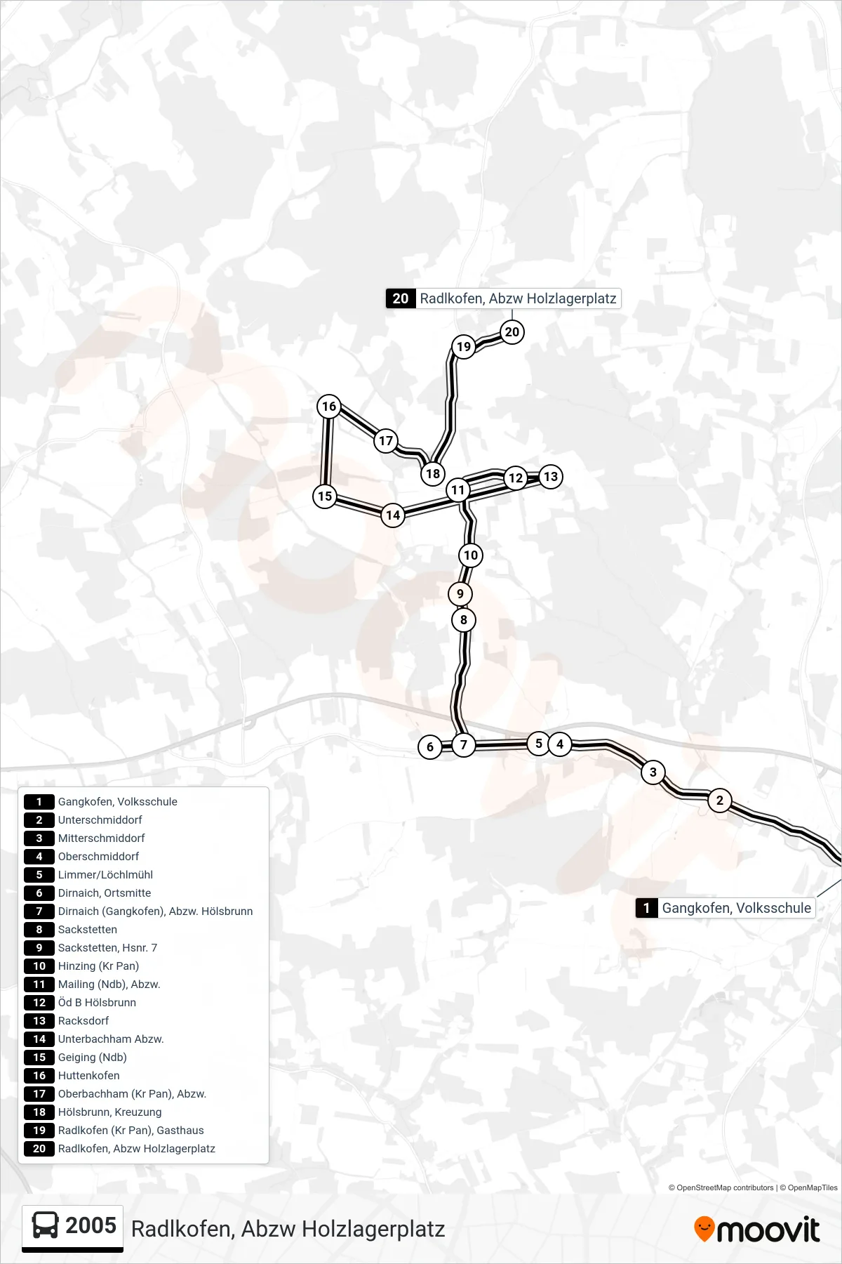 Linie 2005 (Bus) Richtung Radlkofen, Abzw Holzlagerplatz: Route und Haltestellen auf der Karte