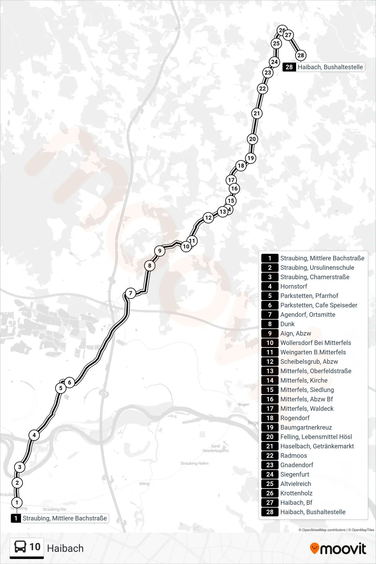 10 bus Line (Haibach) route and stops on a map