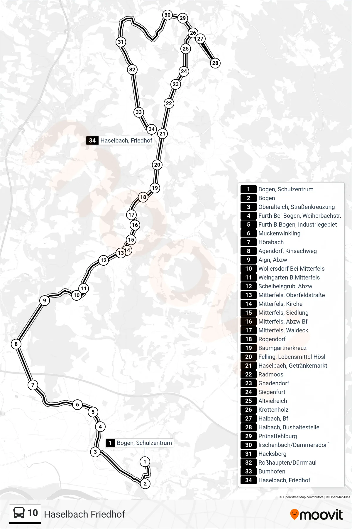 10 bus Line (Haselbach Friedhof) route and stops on a map