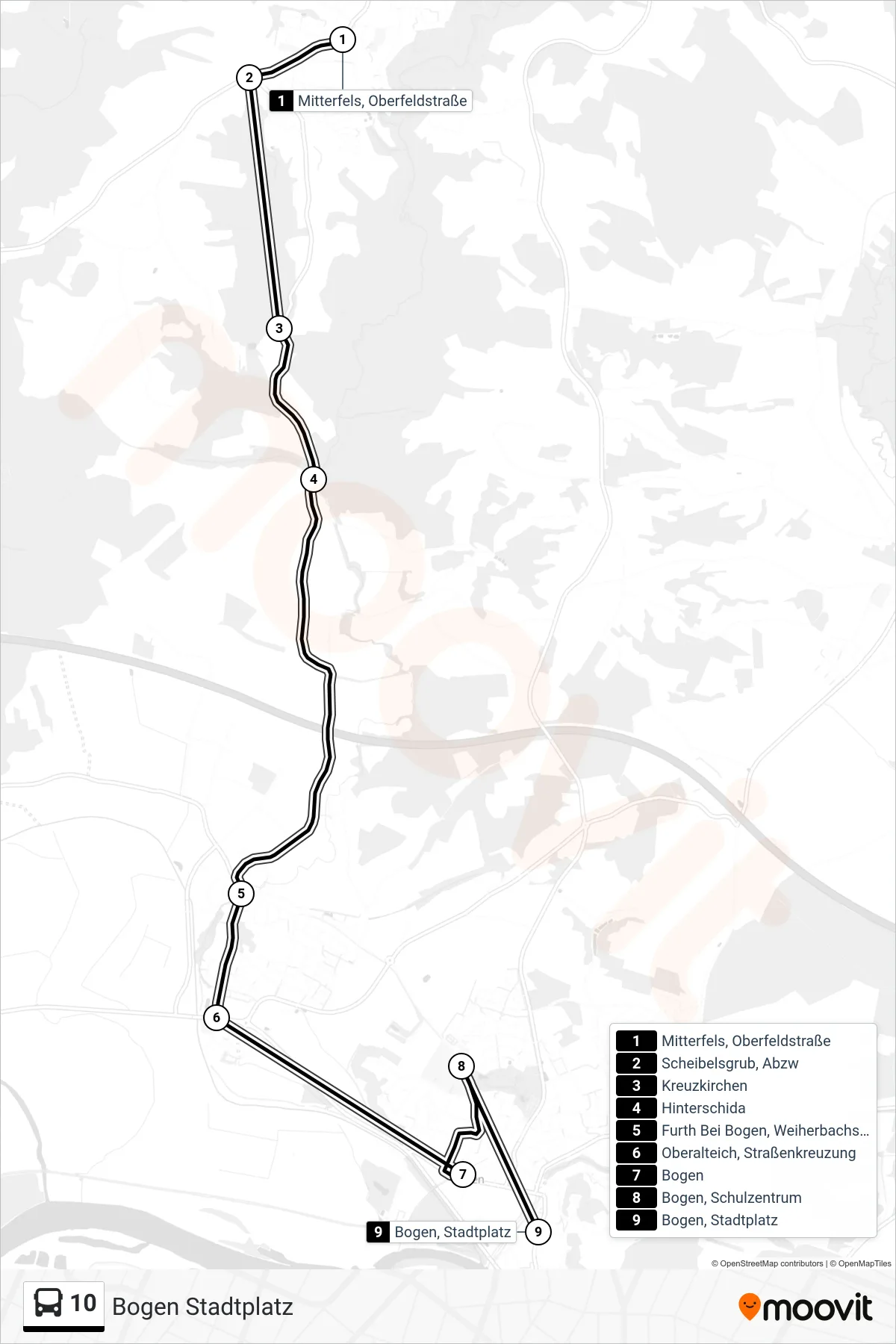10 bus Line (Bogen Stadtplatz) route and stops on a map