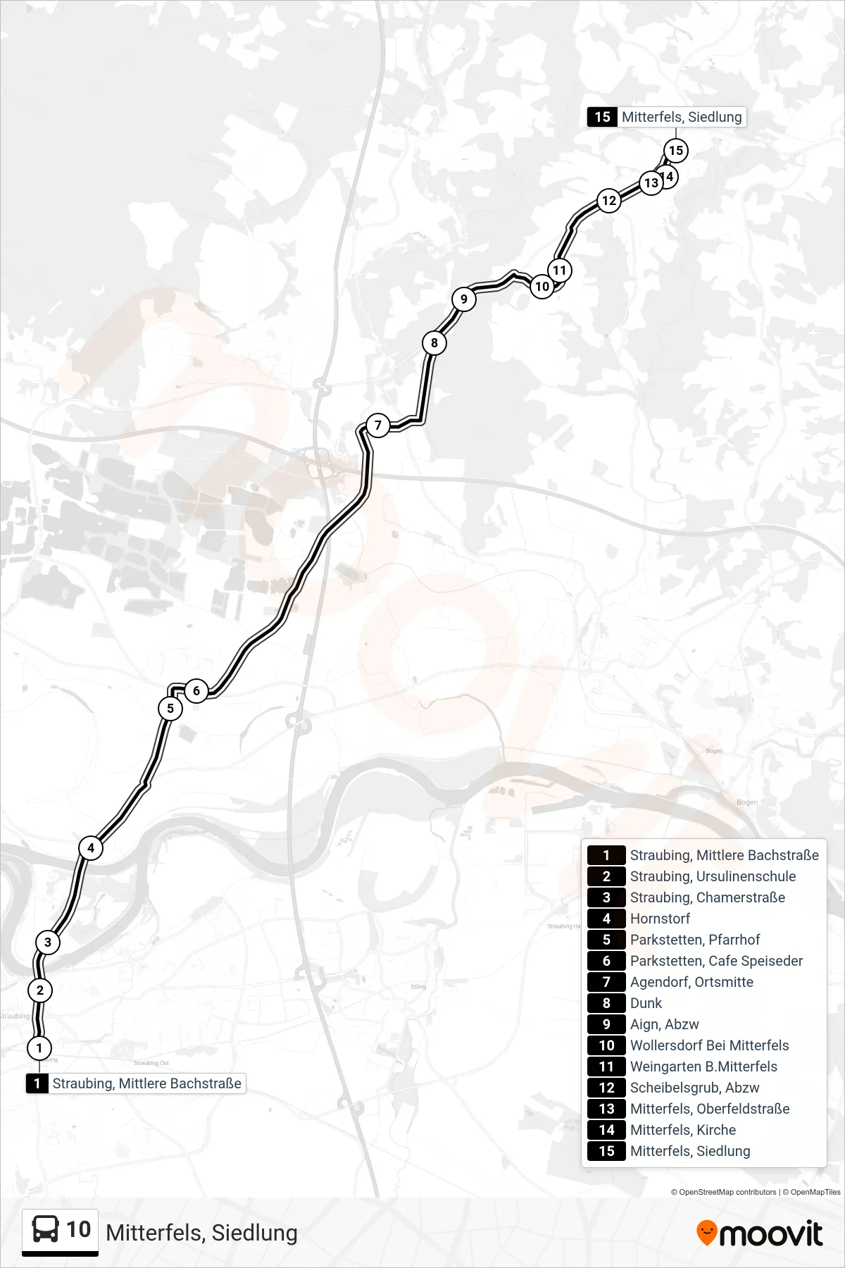 Linie 10 (Bus) Richtung Mitterfels, Siedlung: Route und Haltestellen auf der Karte