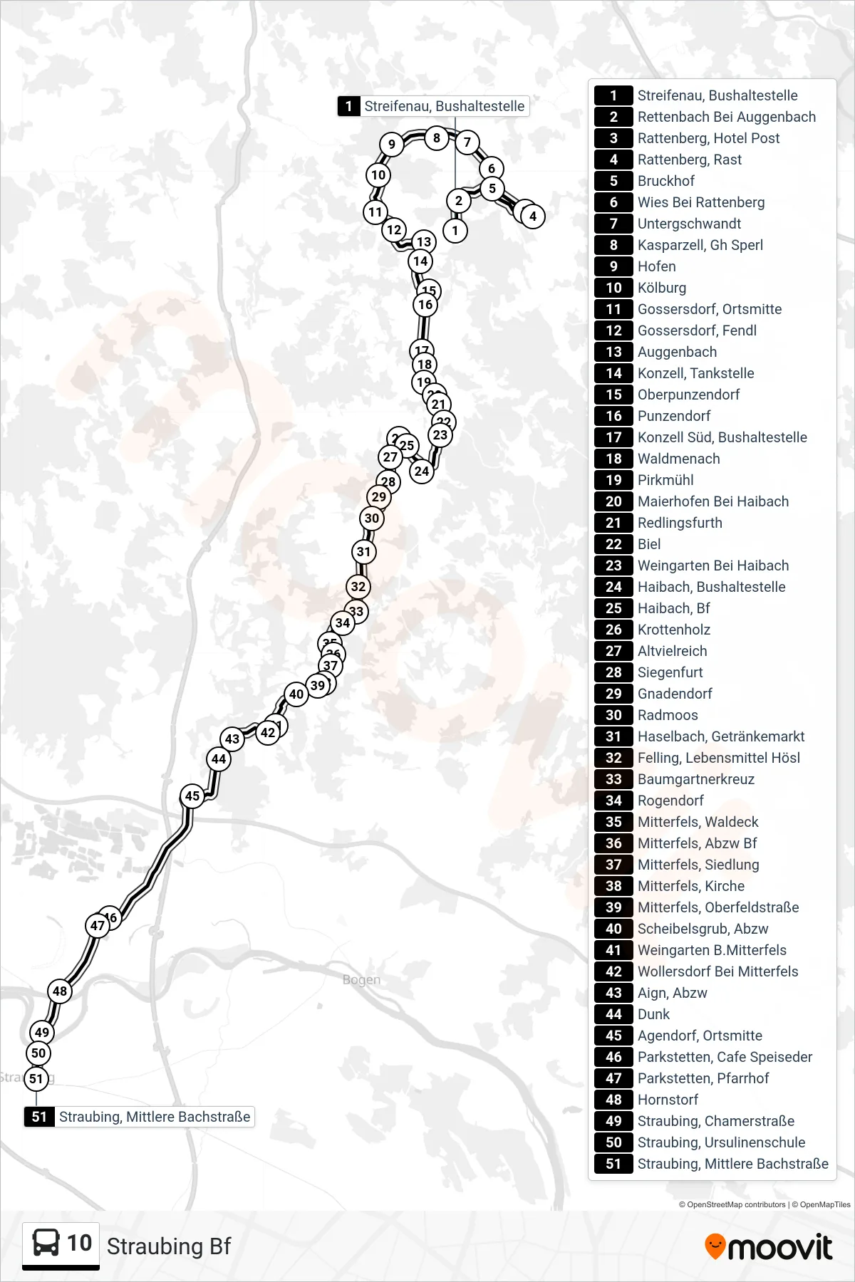 10 bus Line (Straubing Bf) route and stops on a map